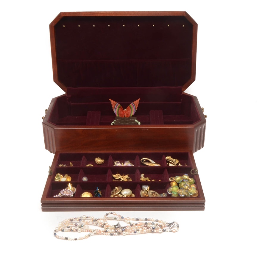 Jewelry Box with Cultured Freshwater Pearls and Costume Earring Collection