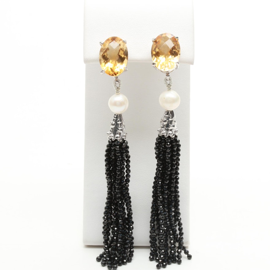 Sterling Silver Citrine, Cultured Pearl, and Onyx Drop Earrings