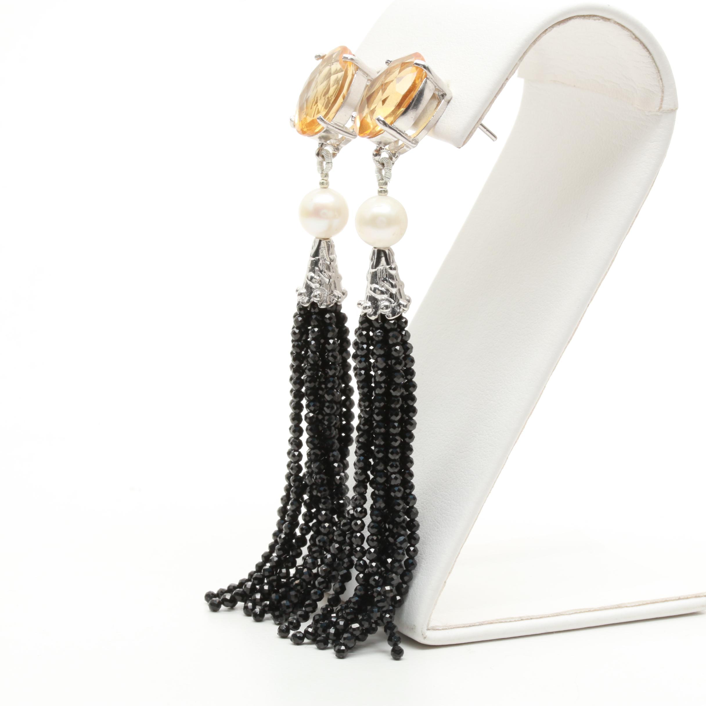Sterling Silver Citrine, Cultured Pearl, and Onyx Drop Earrings