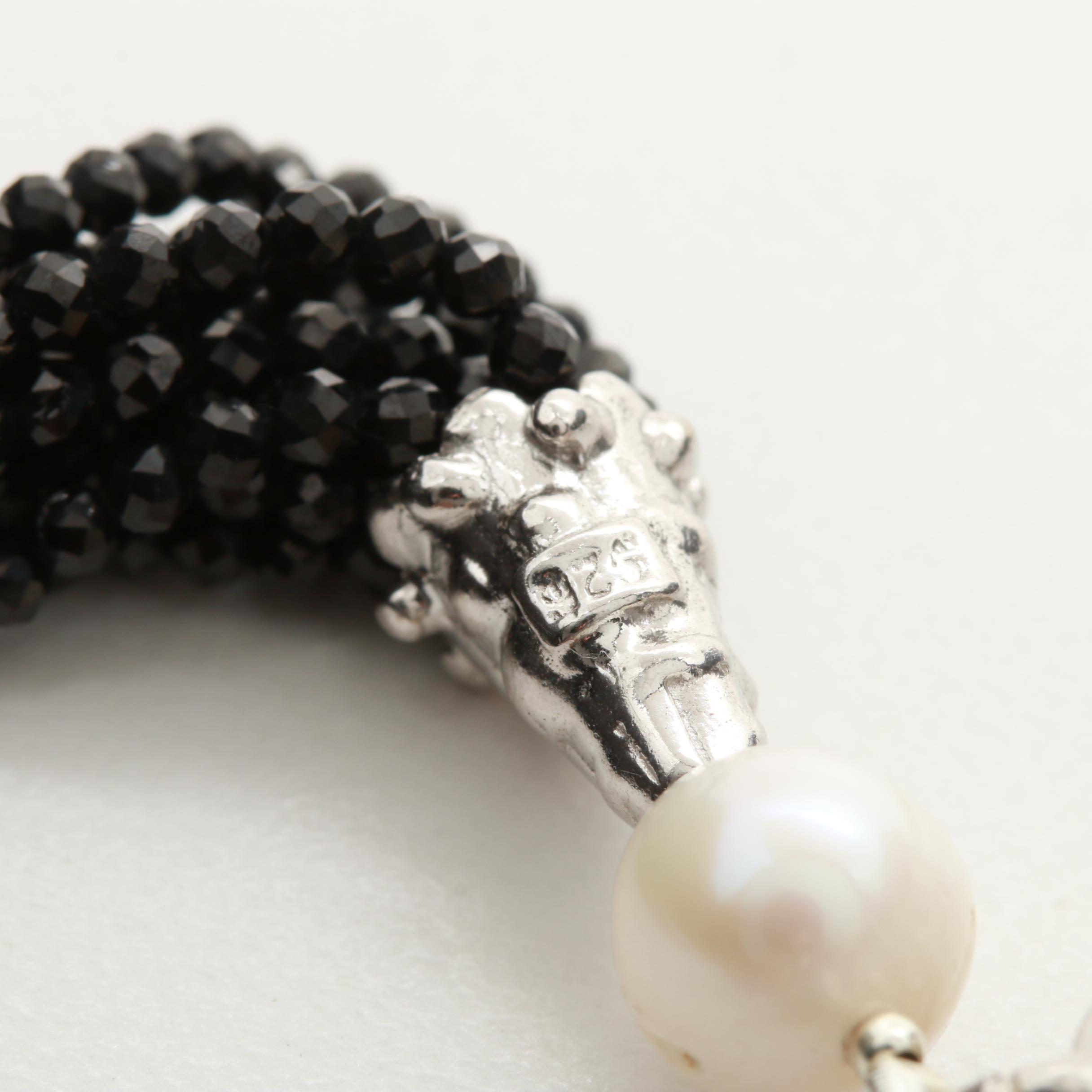 Sterling Silver Citrine, Cultured Pearl, and Onyx Drop Earrings