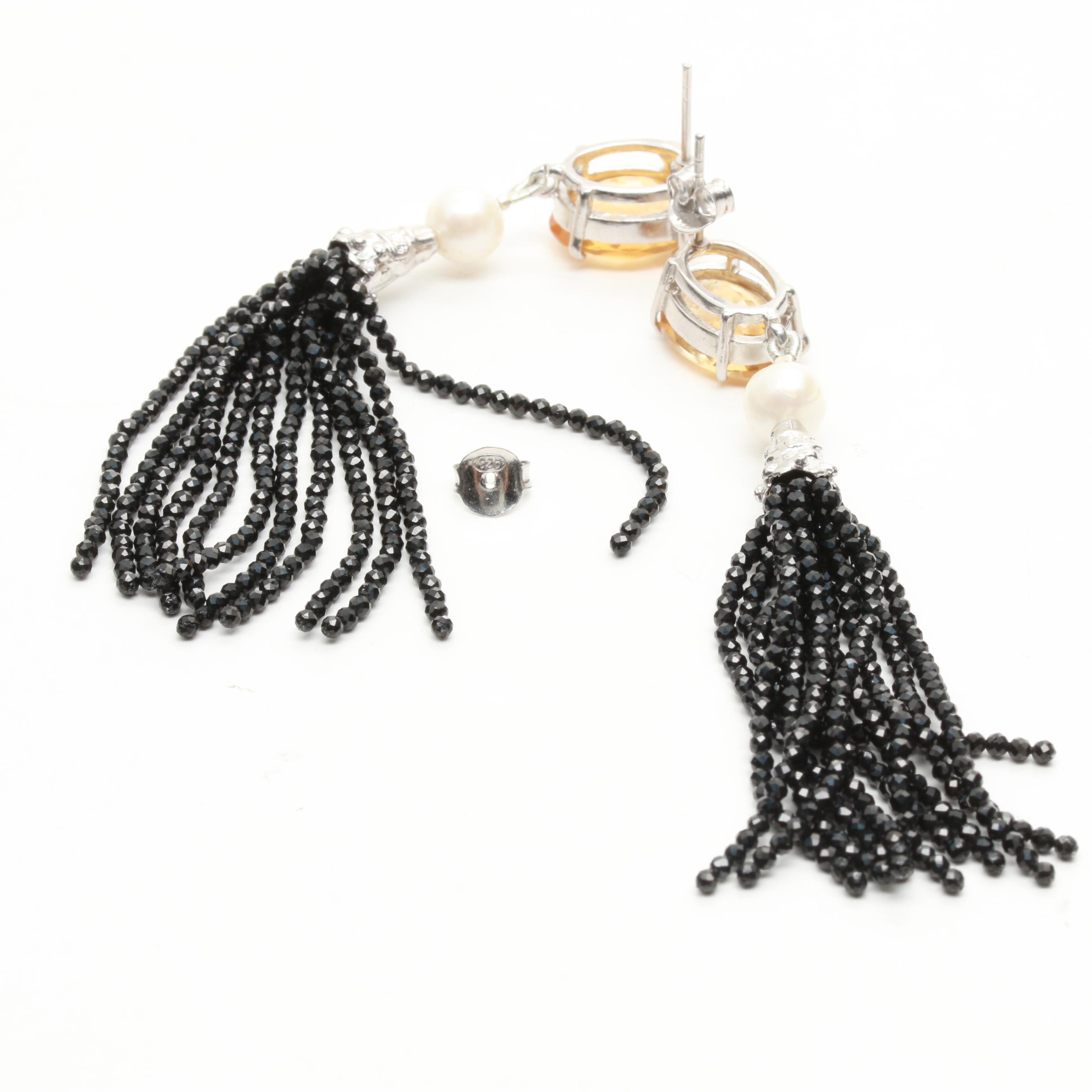 Sterling Silver Citrine, Cultured Pearl, and Onyx Drop Earrings