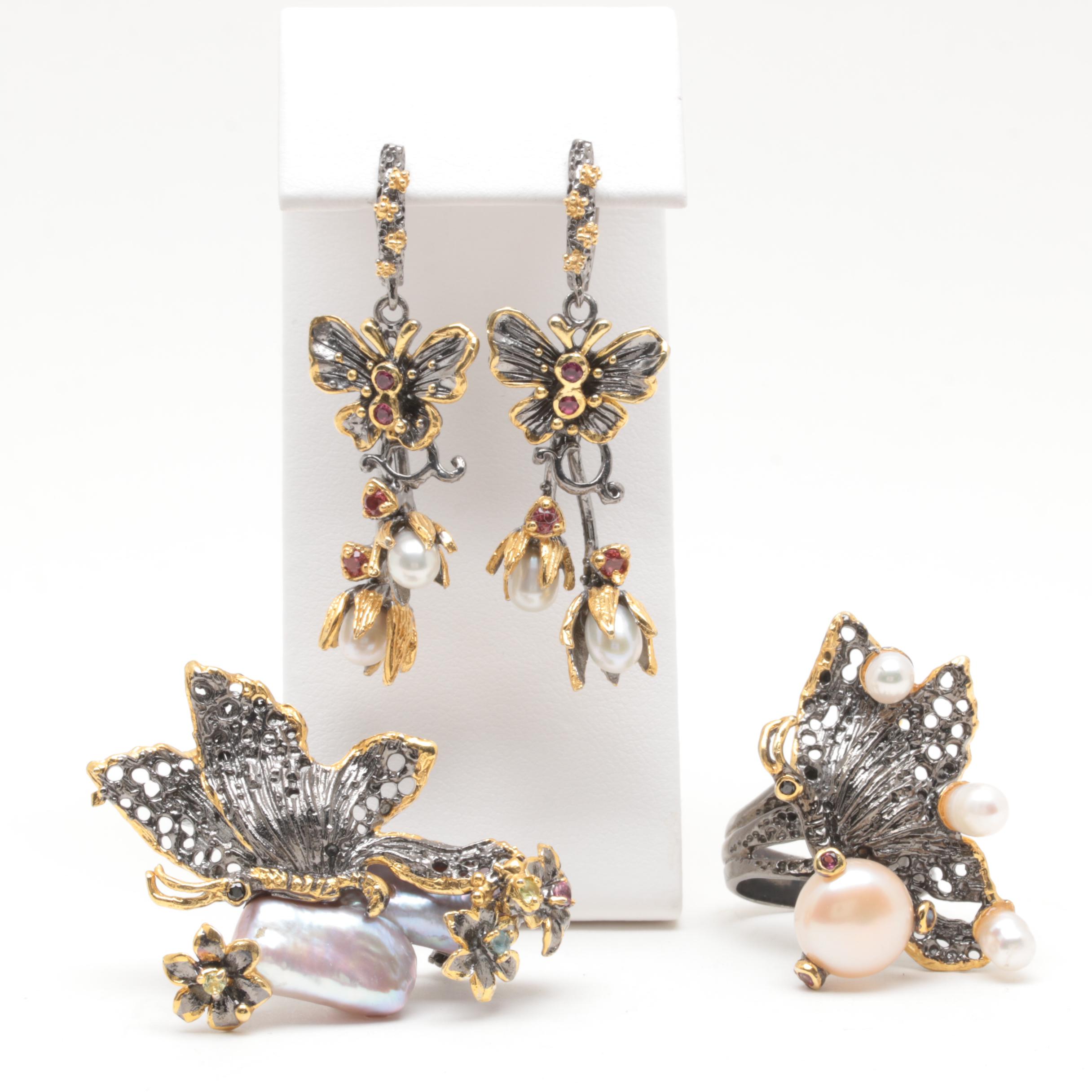 Sterling Silver Cultured Pearl, Rhodolite Garnet and Peridot Jewelry