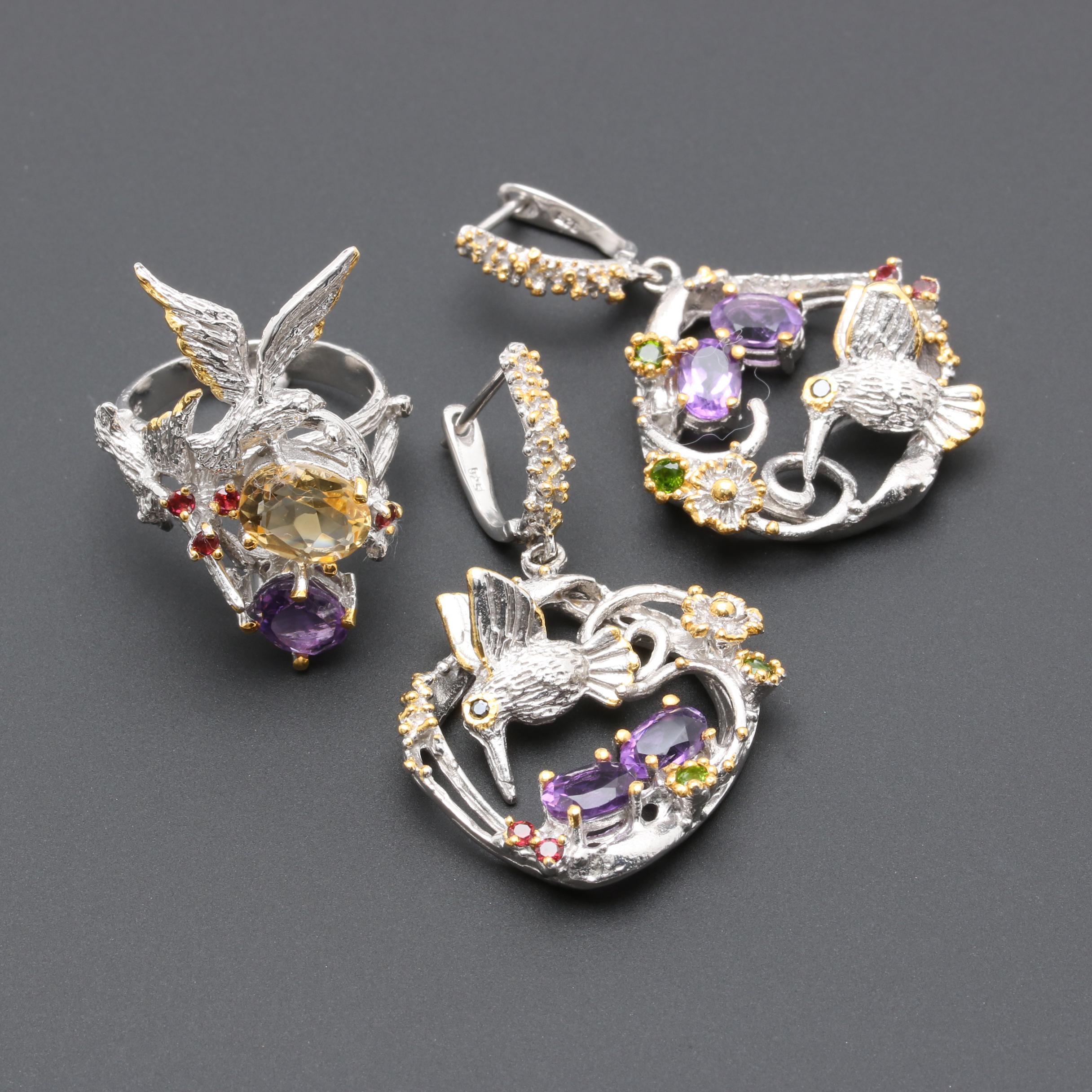 Sterling Silver Gemstone Demi-Parure Including Amethyst with Gold Wash Accents