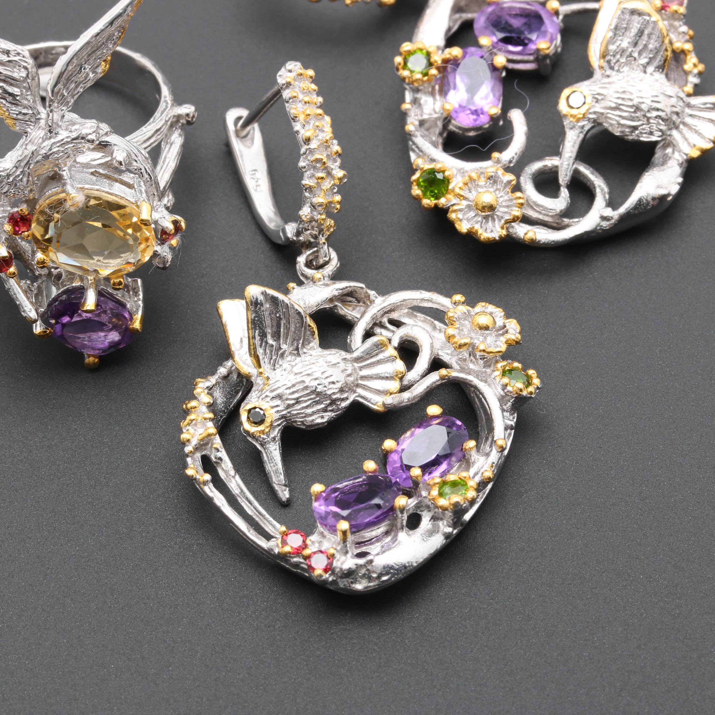 Sterling Silver Gemstone Demi-Parure Including Amethyst with Gold Wash Accents