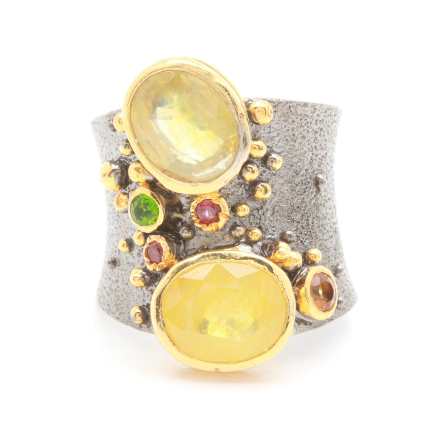 Sterling Silver Citrine, Corundum, and Chrome Diopside Ring