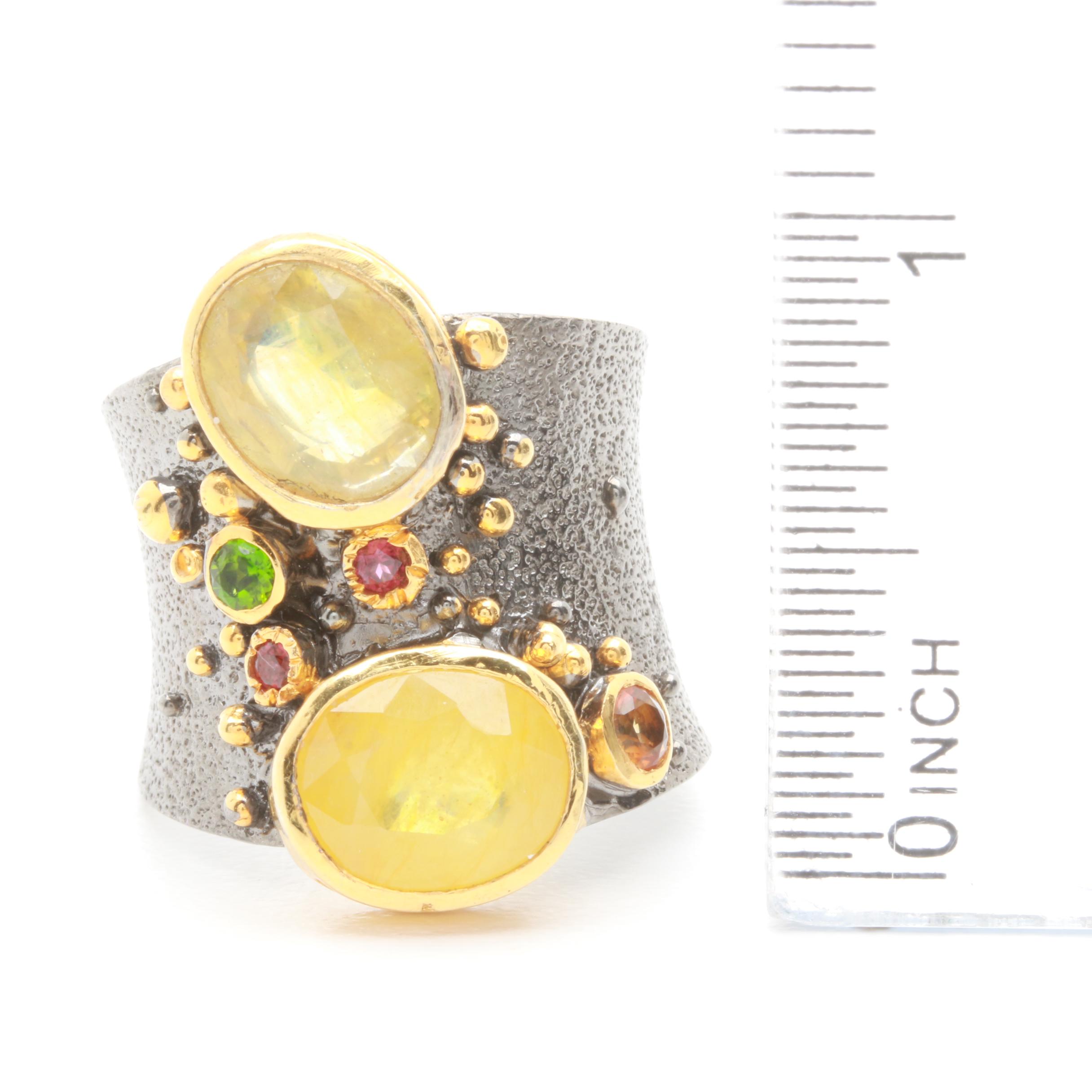 Sterling Silver Citrine, Corundum, and Chrome Diopside Ring