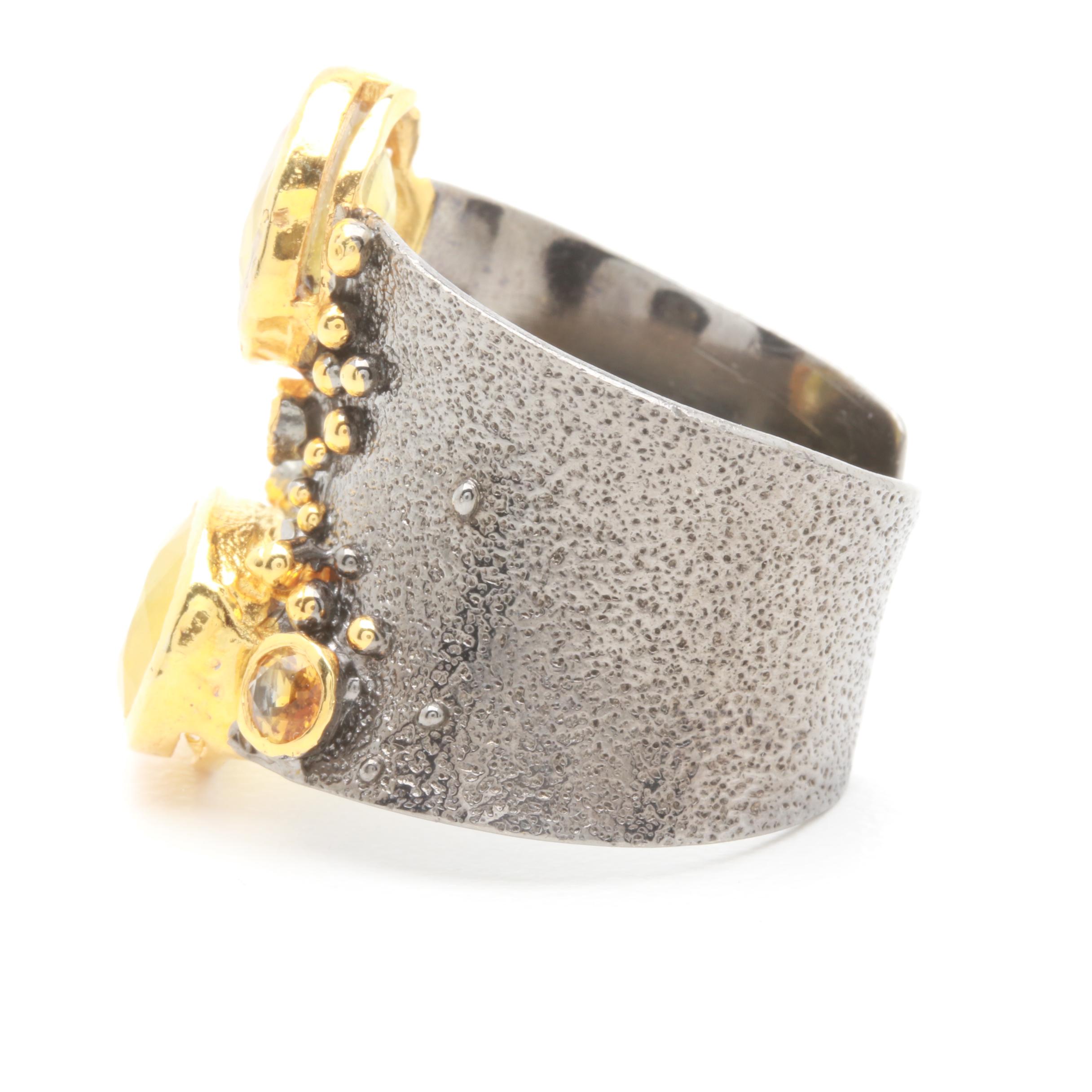 Sterling Silver Citrine, Corundum, and Chrome Diopside Ring