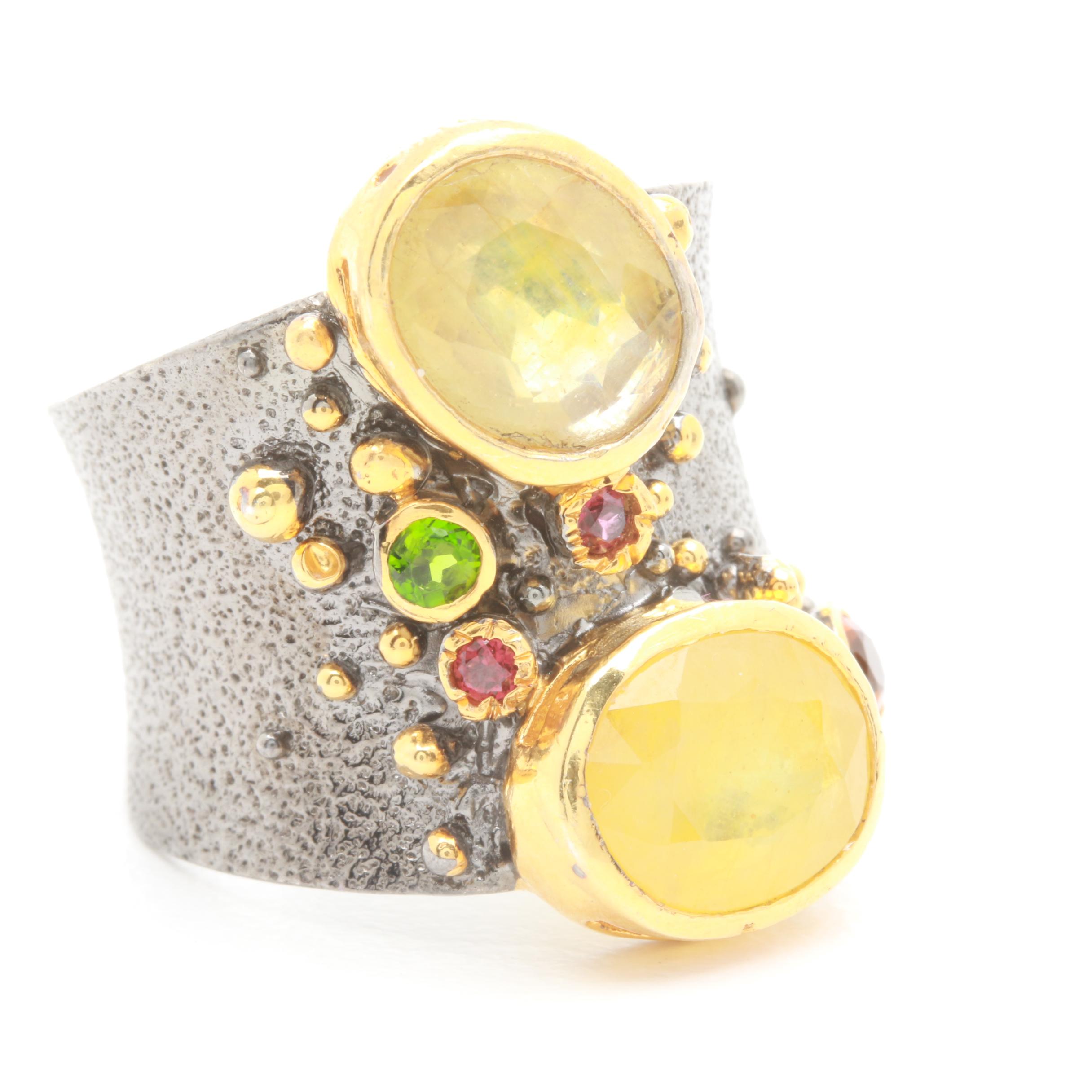 Sterling Silver Citrine, Corundum, and Chrome Diopside Ring