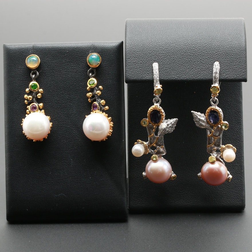 Sterling Silver Cultured Pearl and Gemstone Earrings