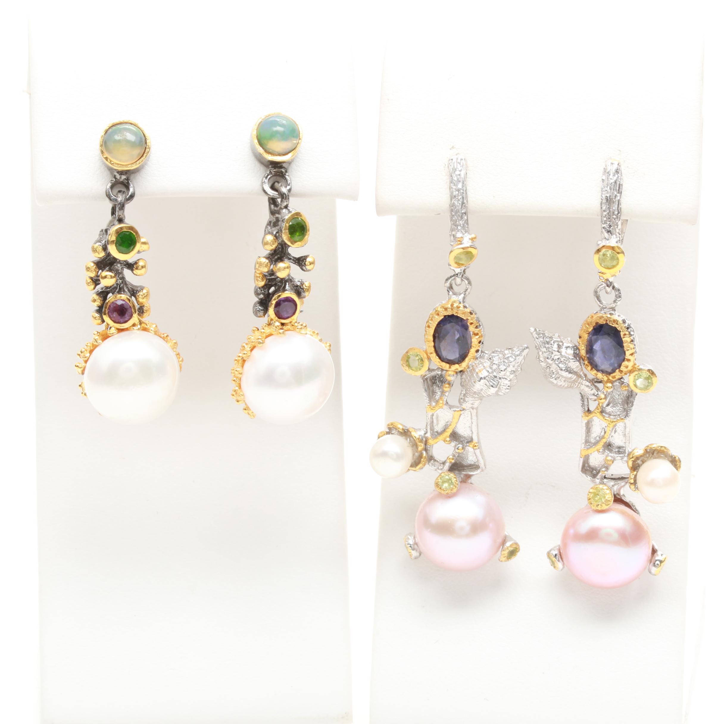 Sterling Silver Cultured Pearl and Gemstone Earrings