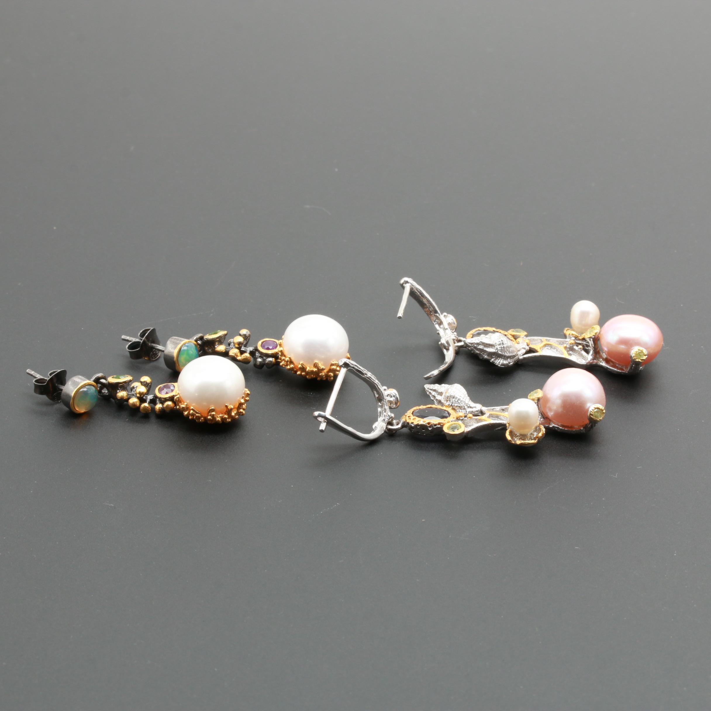 Sterling Silver Cultured Pearl and Gemstone Earrings