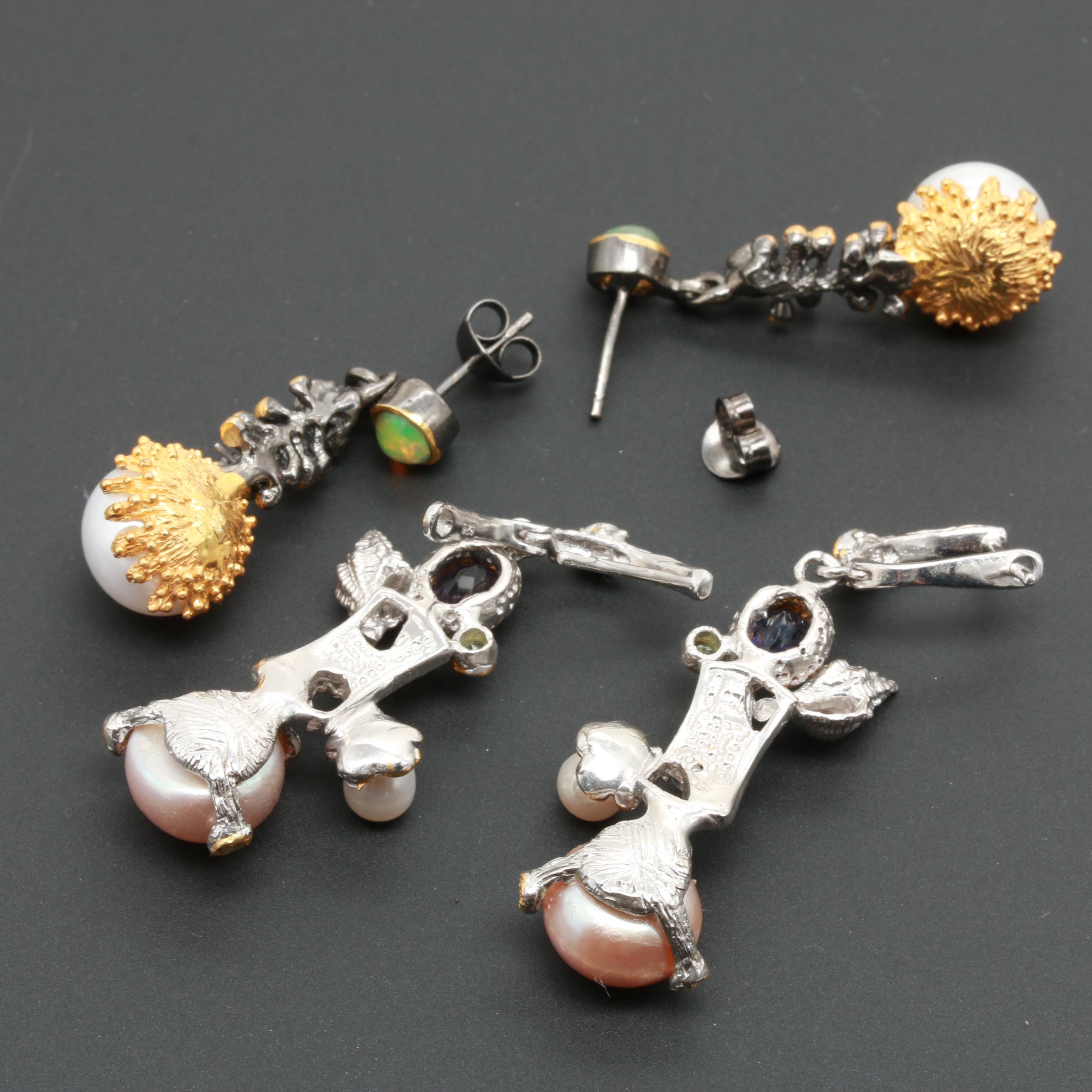 Sterling Silver Cultured Pearl and Gemstone Earrings