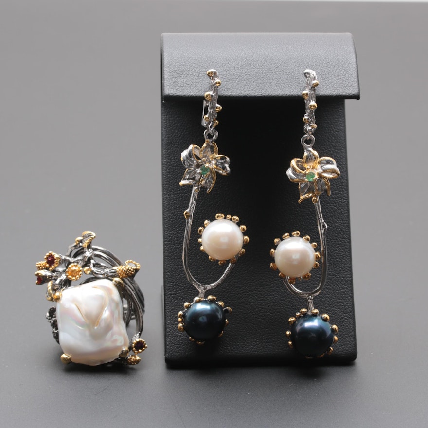 Sterling Silver Cultured Pearl Ring and Earrings