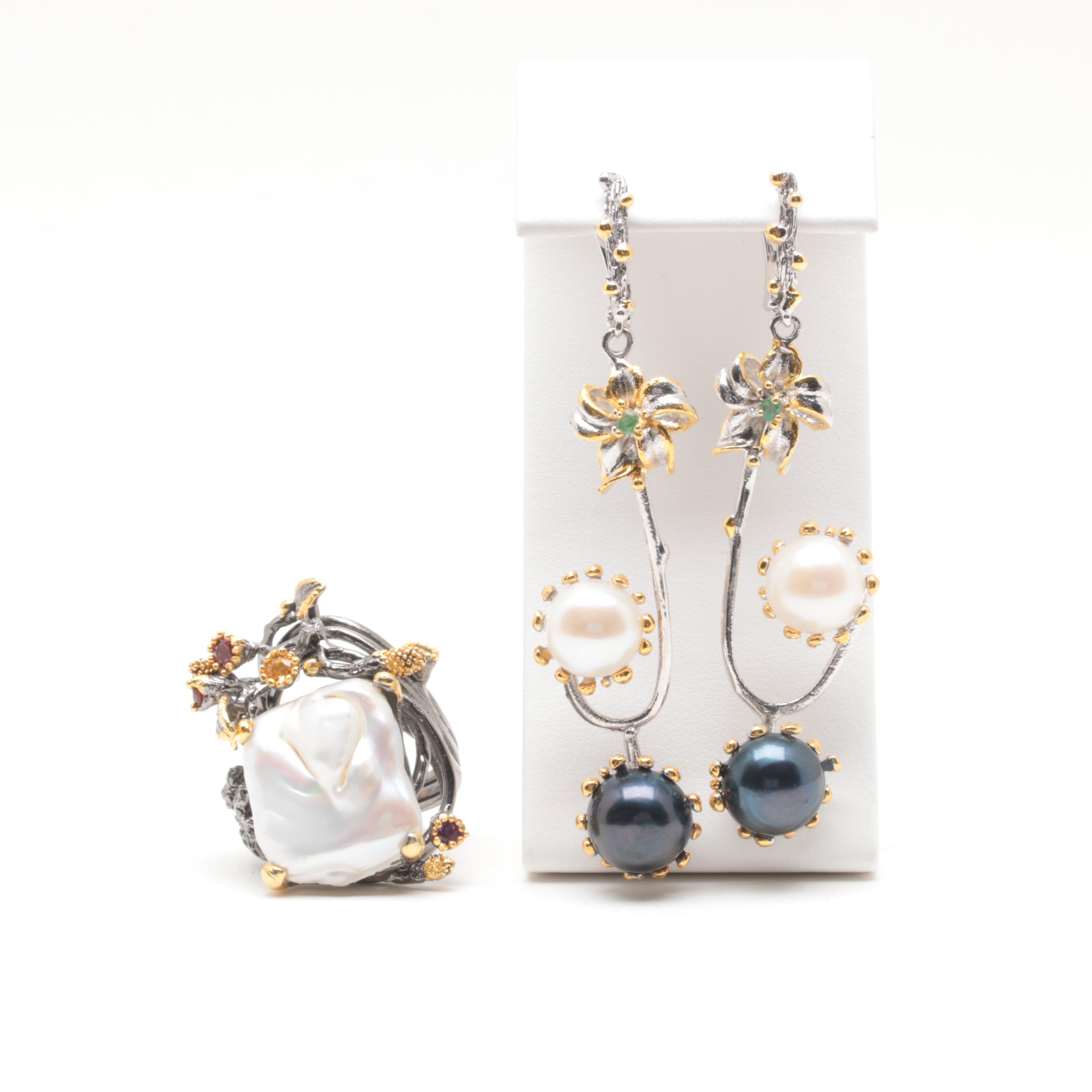 Sterling Silver Cultured Pearl Ring and Earrings