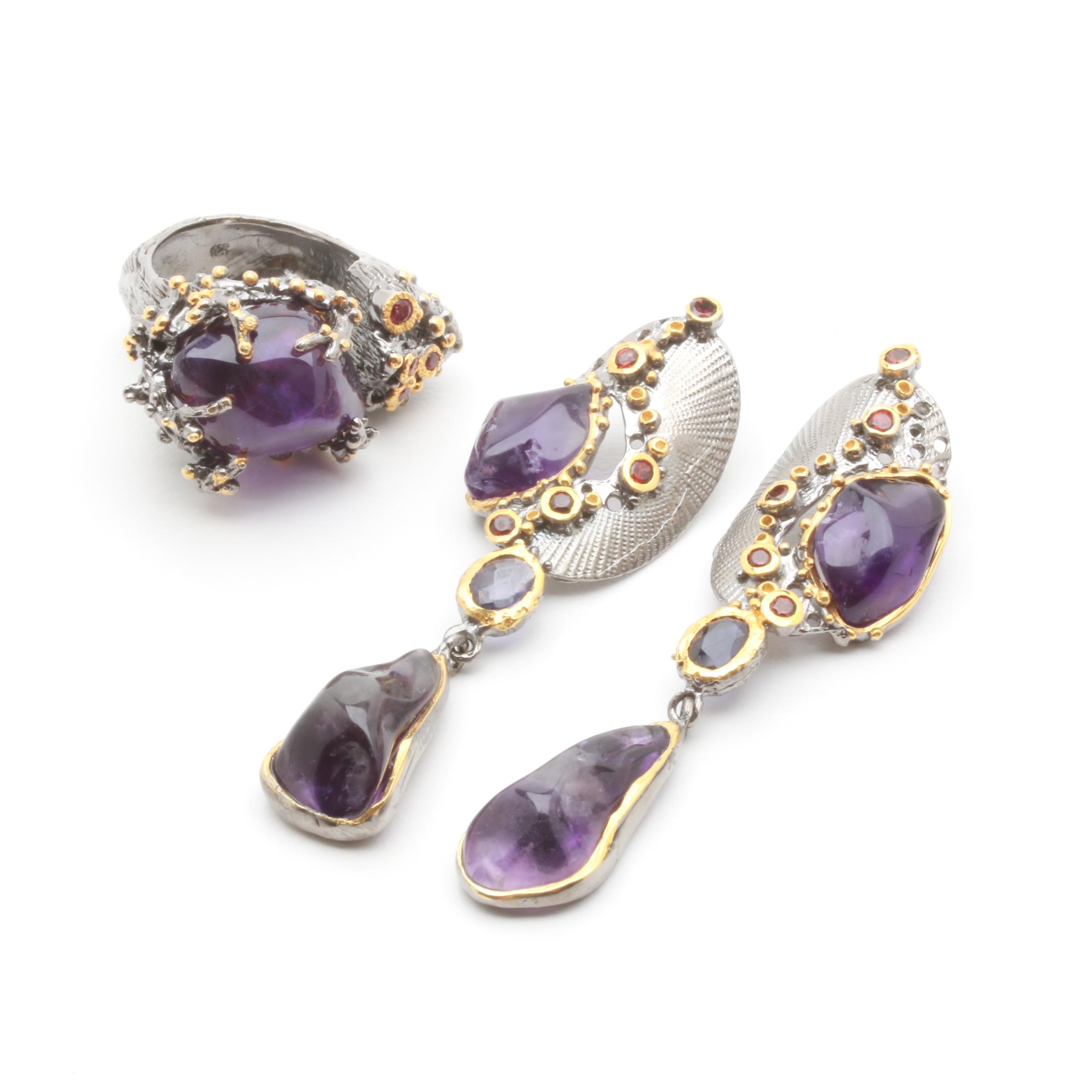 Sterling Silver Amethyst and Garnet Ring and Earrings