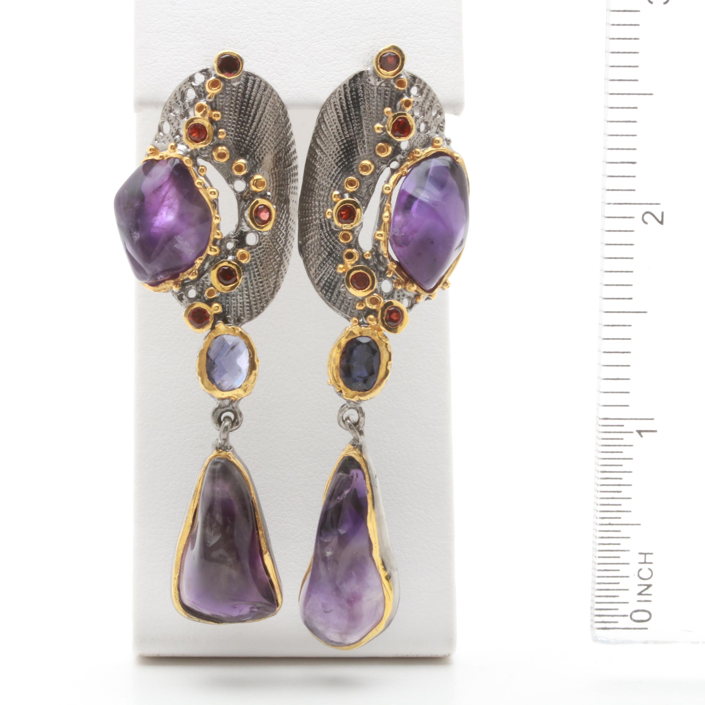 Sterling Silver Amethyst and Garnet Ring and Earrings