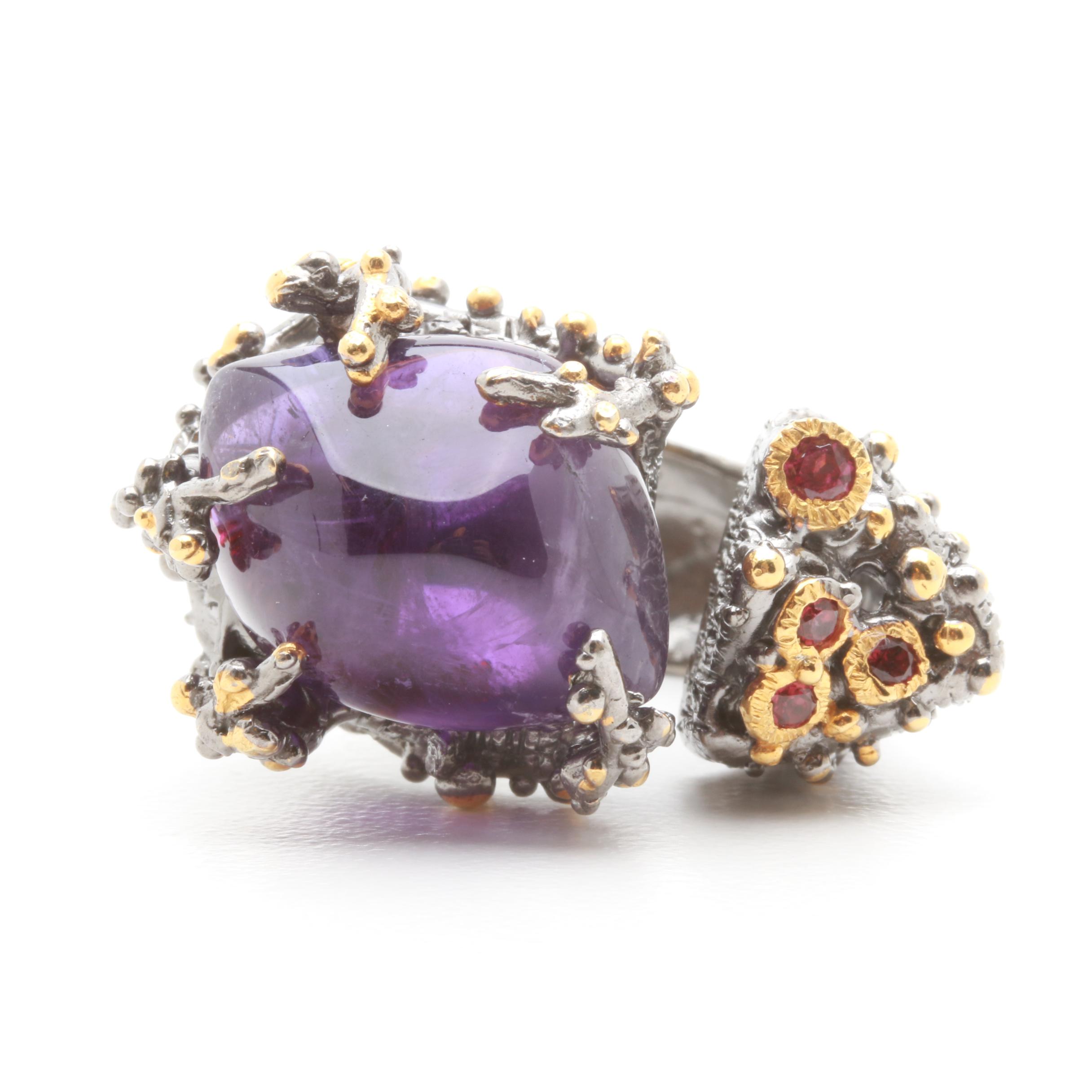 Sterling Silver Amethyst and Garnet Ring and Earrings