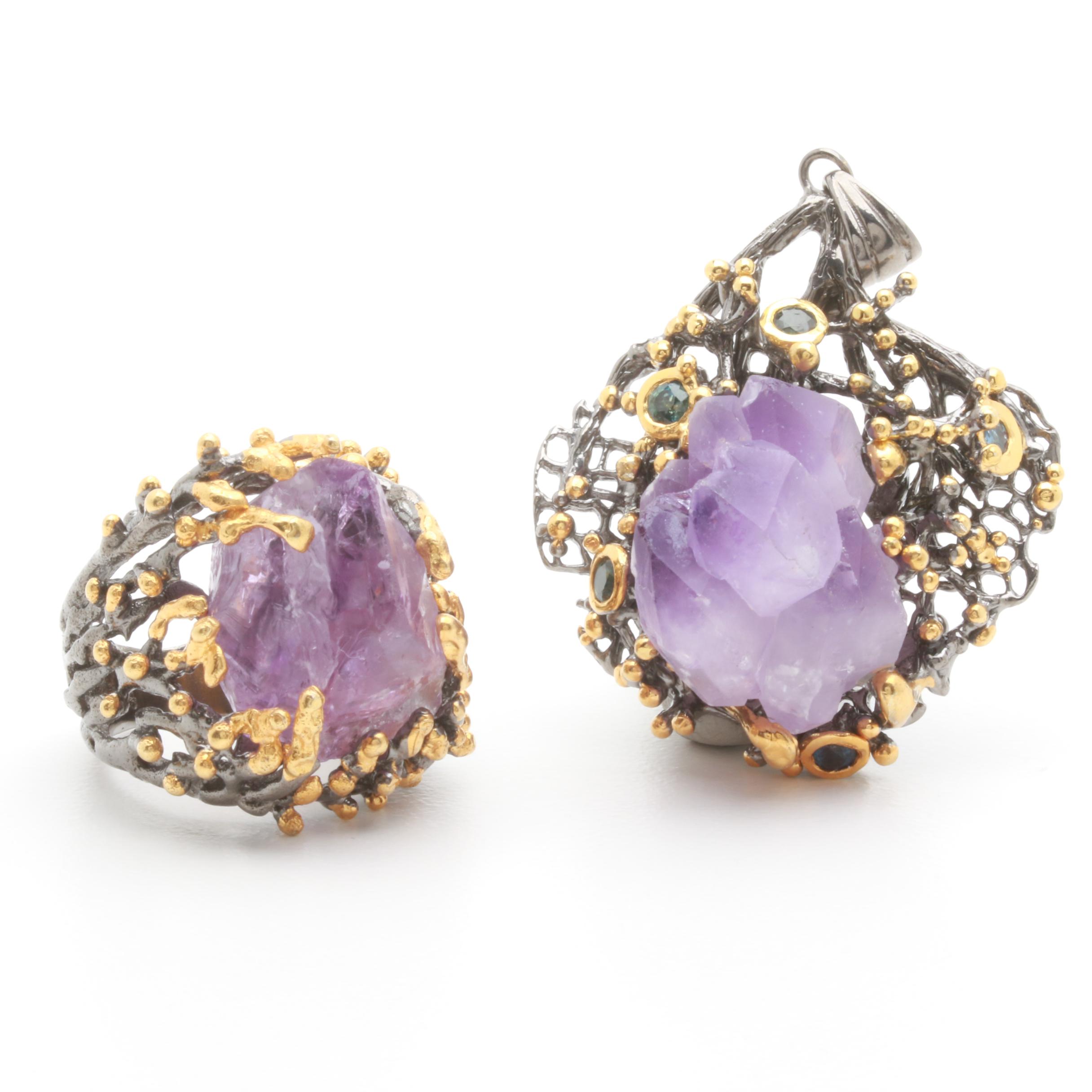 Sterling Silver Amethyst Ring and Pendant with Sapphire Accents