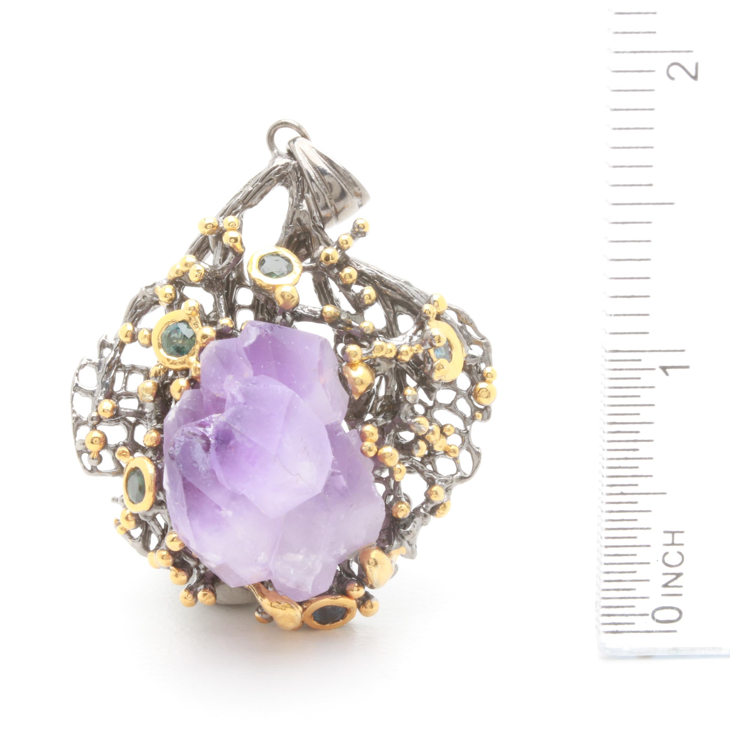 Sterling Silver Amethyst Ring and Pendant with Sapphire Accents