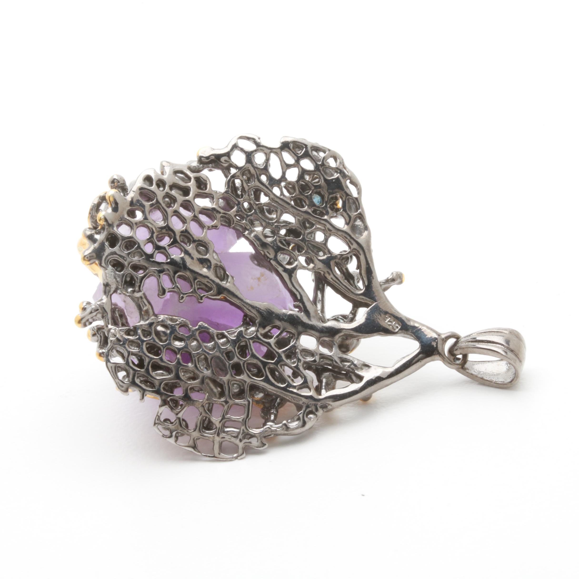 Sterling Silver Amethyst Ring and Pendant with Sapphire Accents