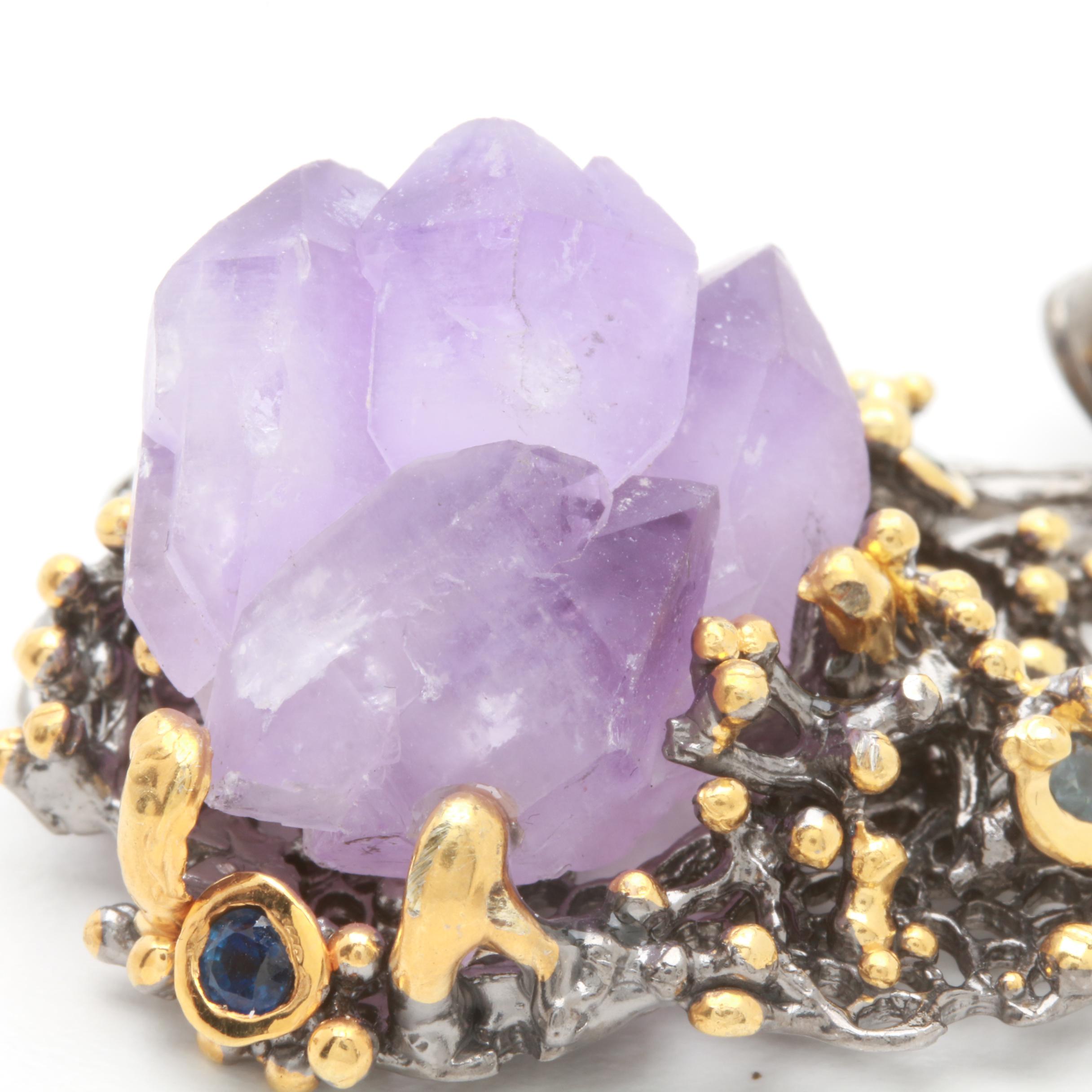 Sterling Silver Amethyst Ring and Pendant with Sapphire Accents