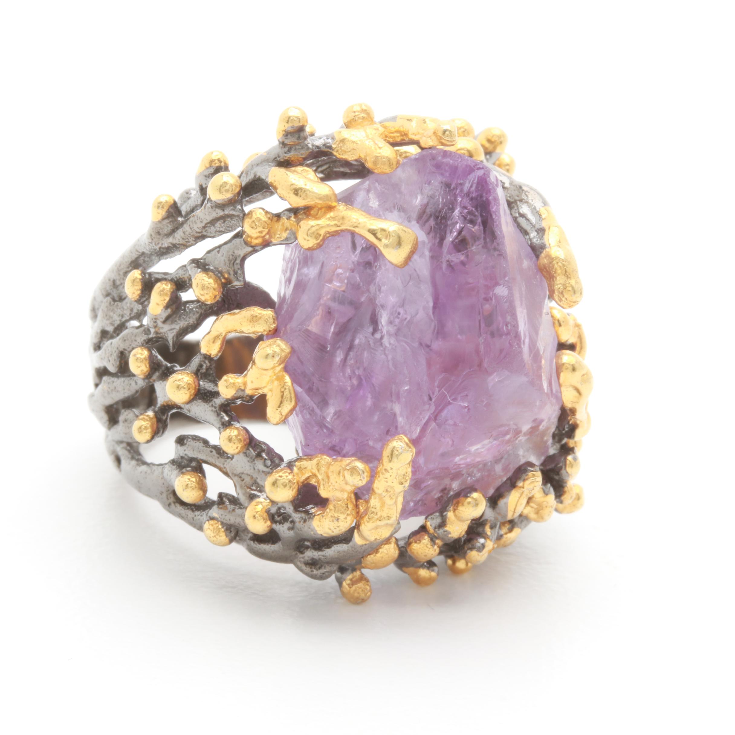 Sterling Silver Amethyst Ring and Pendant with Sapphire Accents