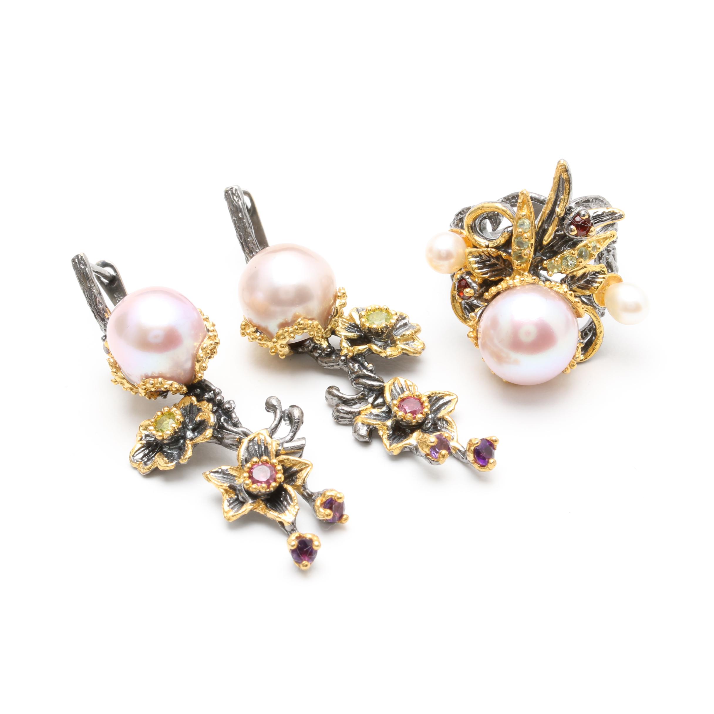 Sterling Silver Cultured Pearl Ring and Earring Set