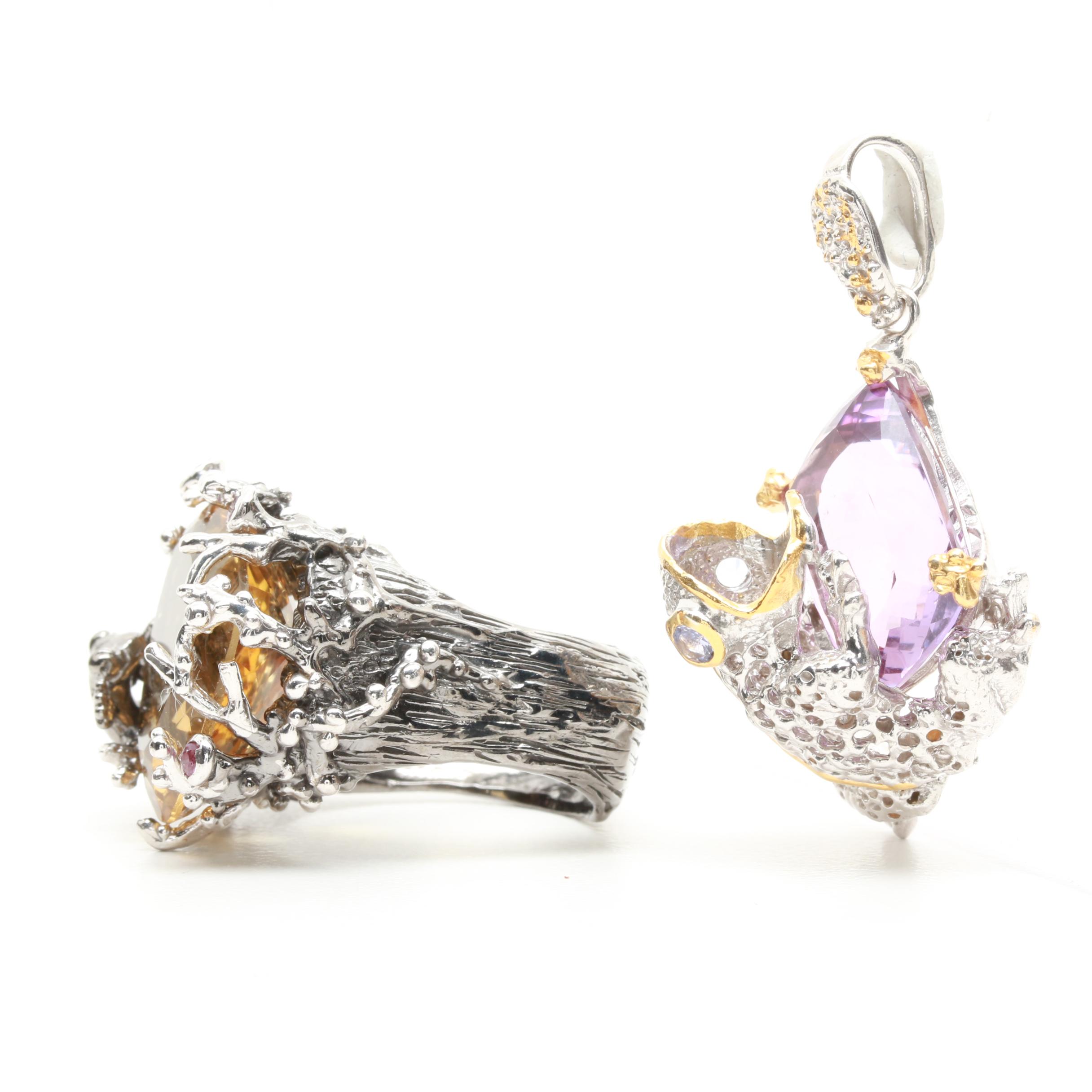 Sterling Silver Citrine and Gemstone Ring and Pendant
