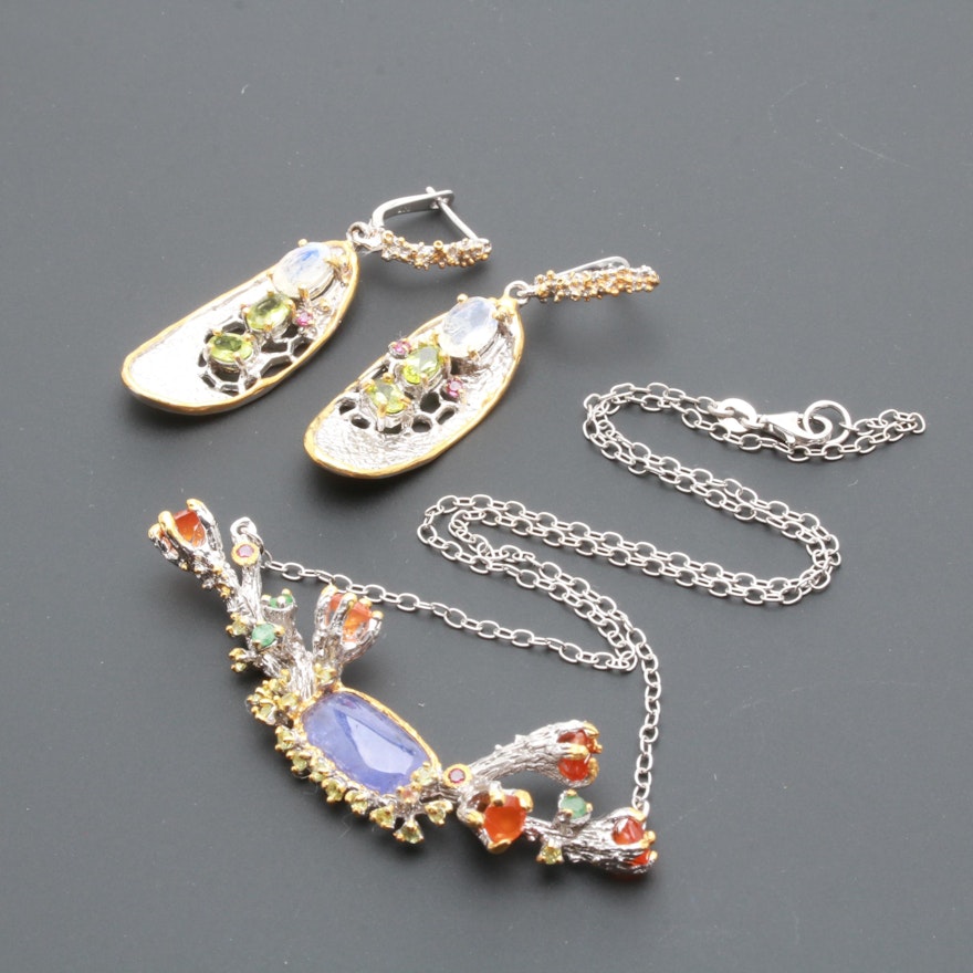 Sterling Silver Multi-Gemstone Necklace and Earring Selection With Tanzanite