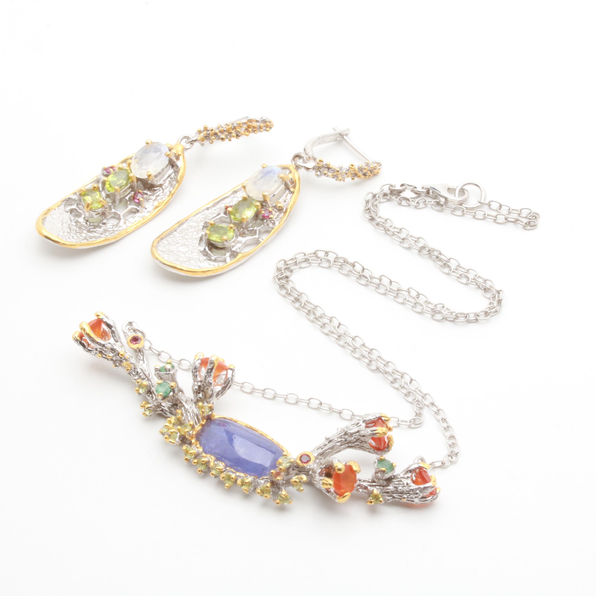 Sterling Silver Multi-Gemstone Necklace and Earring Selection With Tanzanite