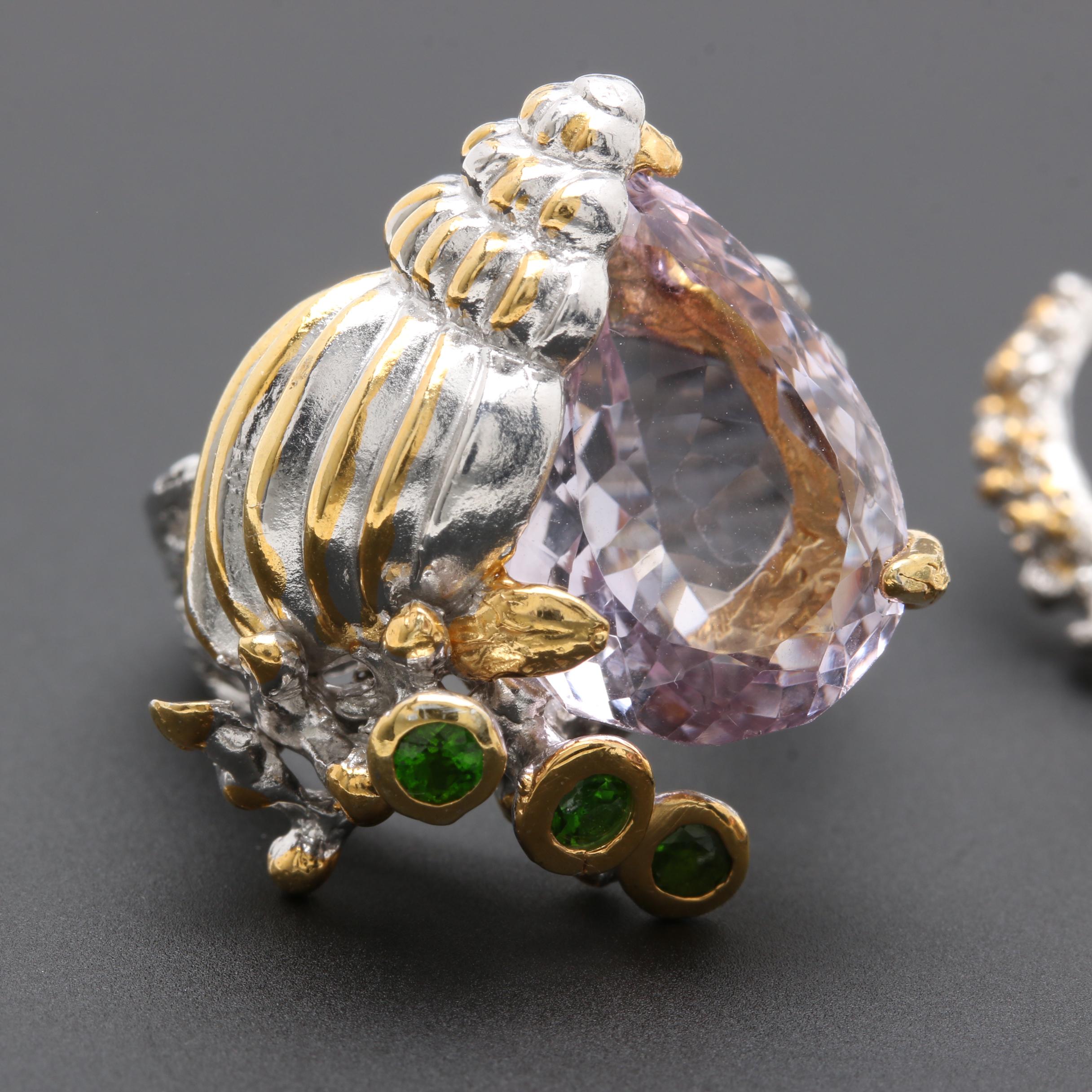 Sterling Silver Shell Motif Ring and Earring Set Featuring Amethyst