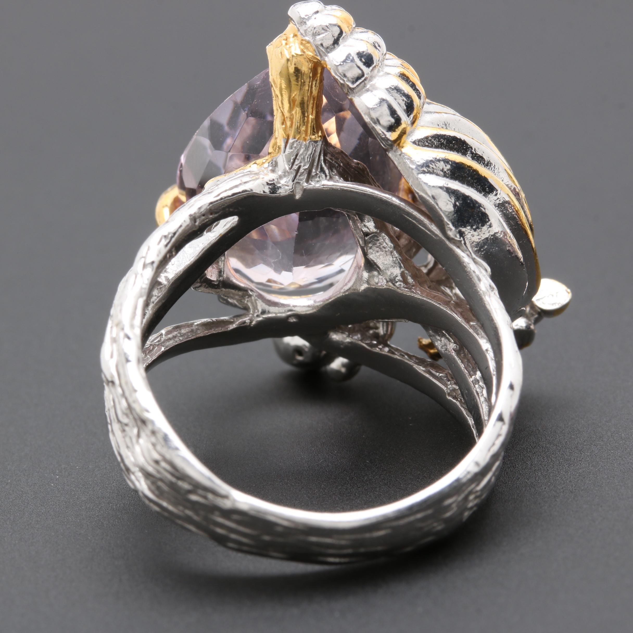 Sterling Silver Shell Motif Ring and Earring Set Featuring Amethyst