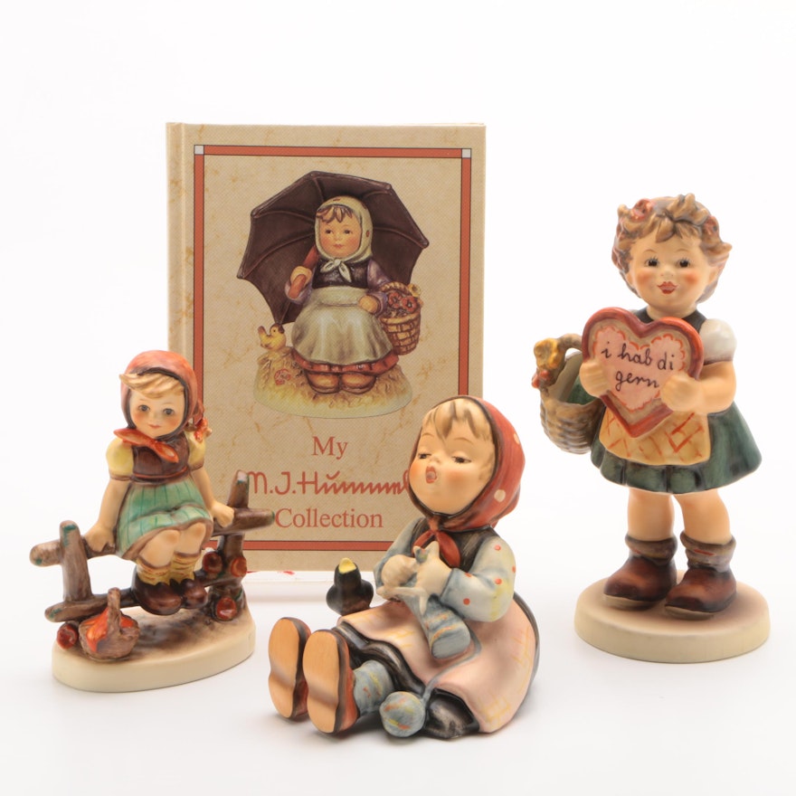 Hummel Figurines, "Just Resting", "Happy Pastime" and "Valentine Gift" with Book