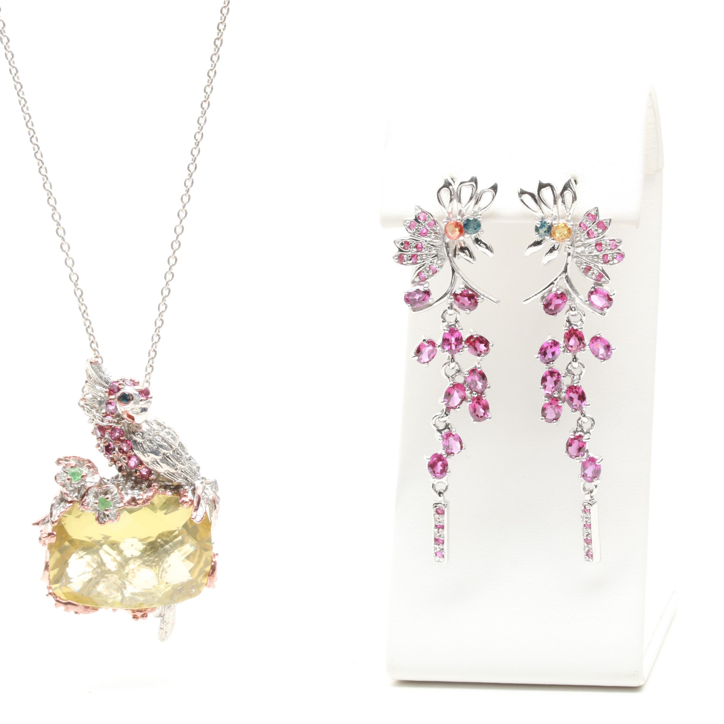 Sterling Silver Lemon Citrine and Gemstone Necklace and Earrings