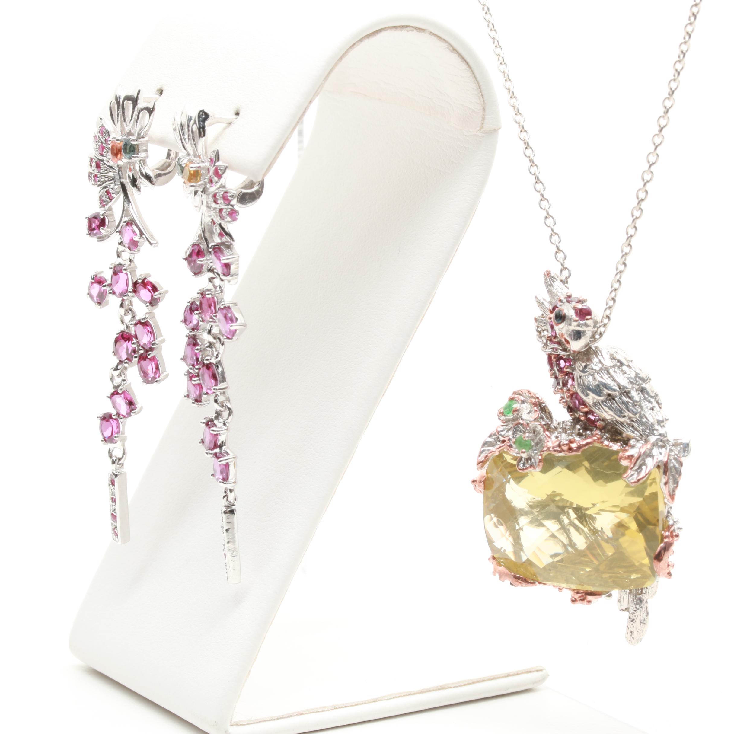 Sterling Silver Lemon Citrine and Gemstone Necklace and Earrings