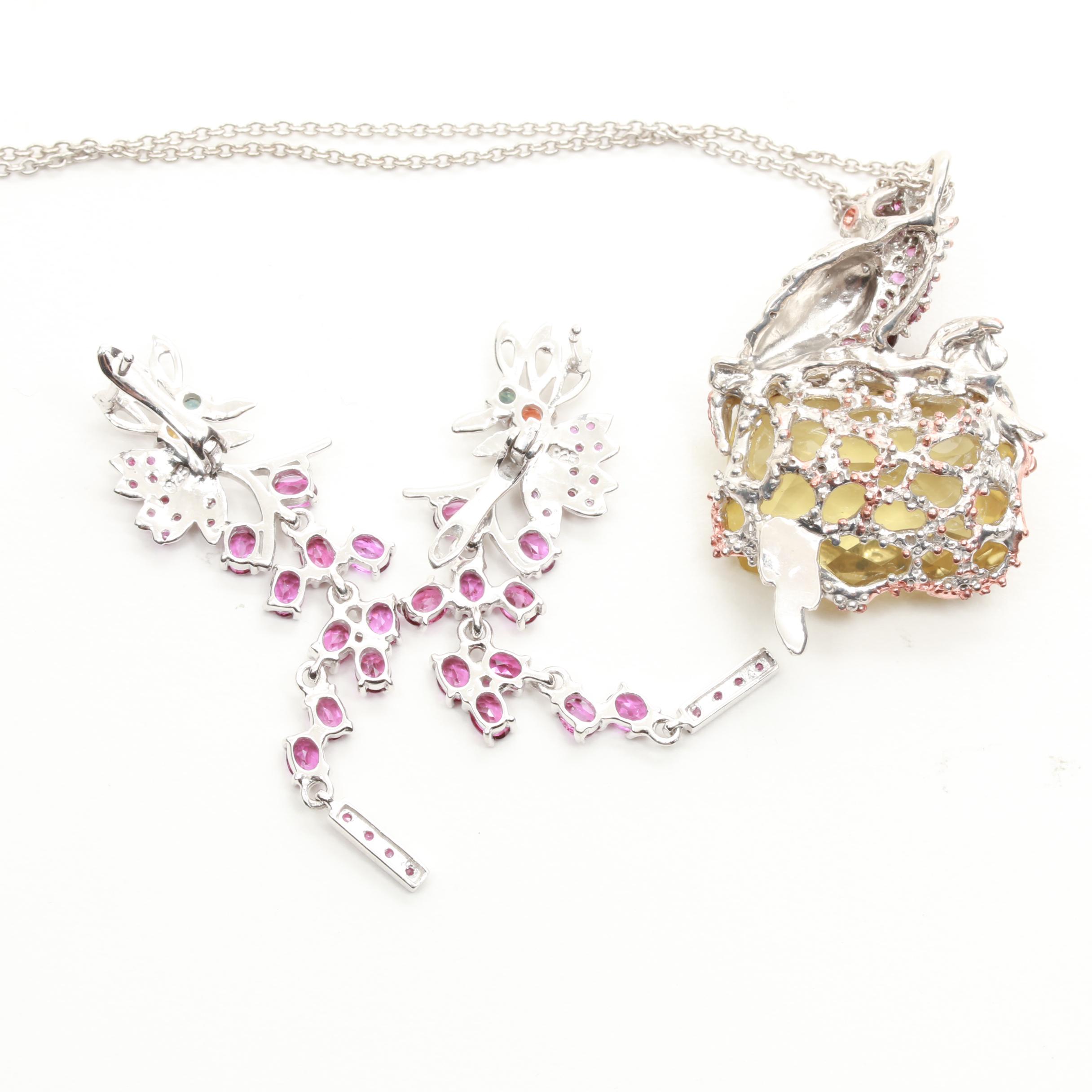 Sterling Silver Lemon Citrine and Gemstone Necklace and Earrings