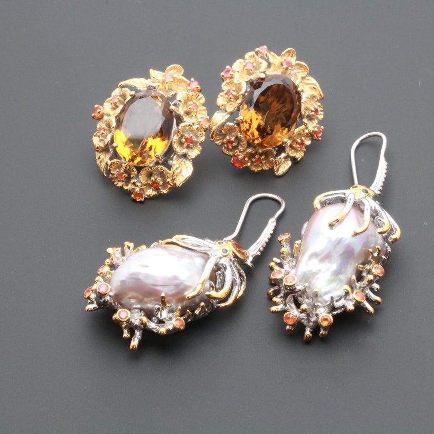 Sterling Silver Multi-Gemstone Earrings With Citrine and Cultured Baroque Pearls