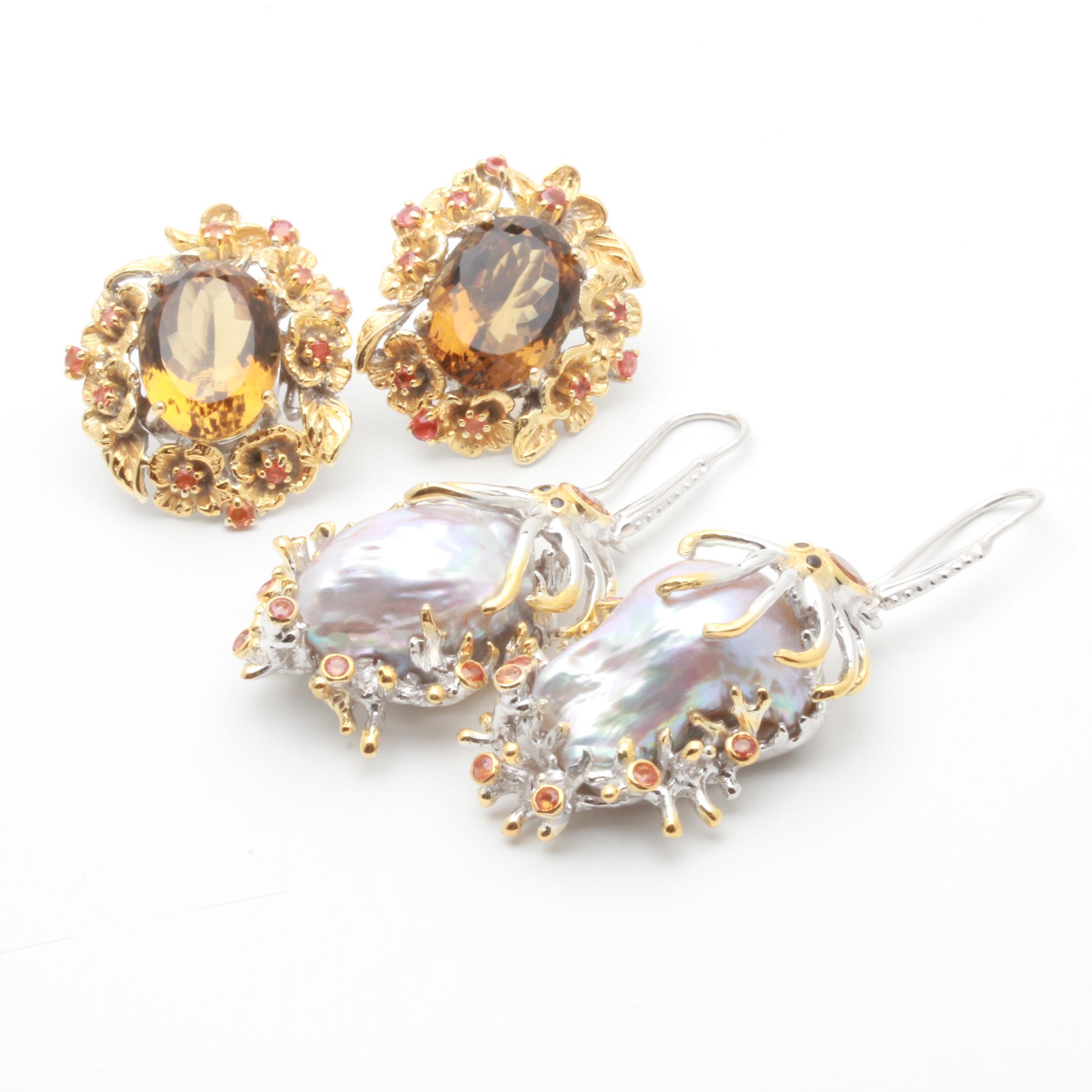 Sterling Silver Multi-Gemstone Earrings With Citrine and Cultured Baroque Pearls