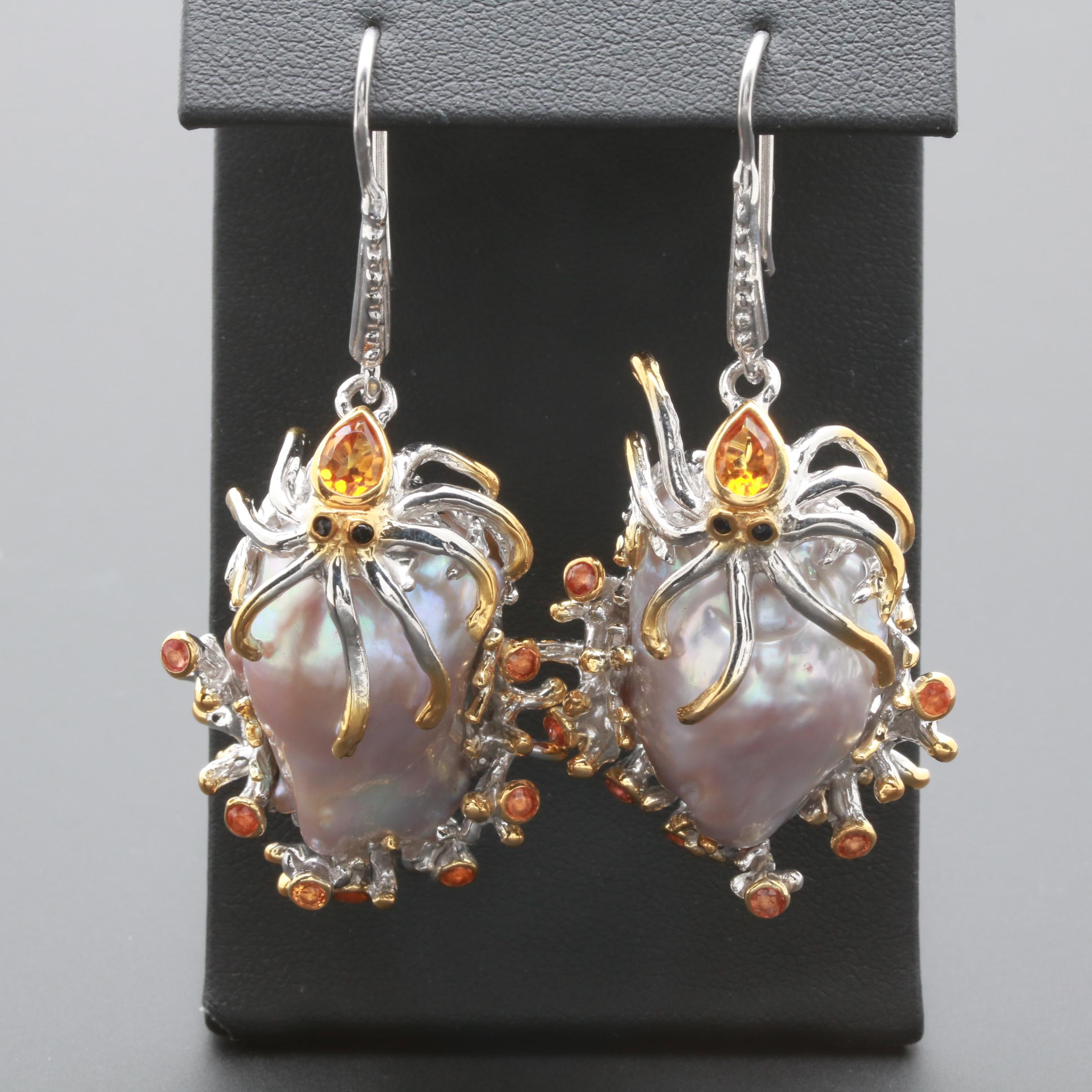 Sterling Silver Multi-Gemstone Earrings With Citrine and Cultured Baroque Pearls