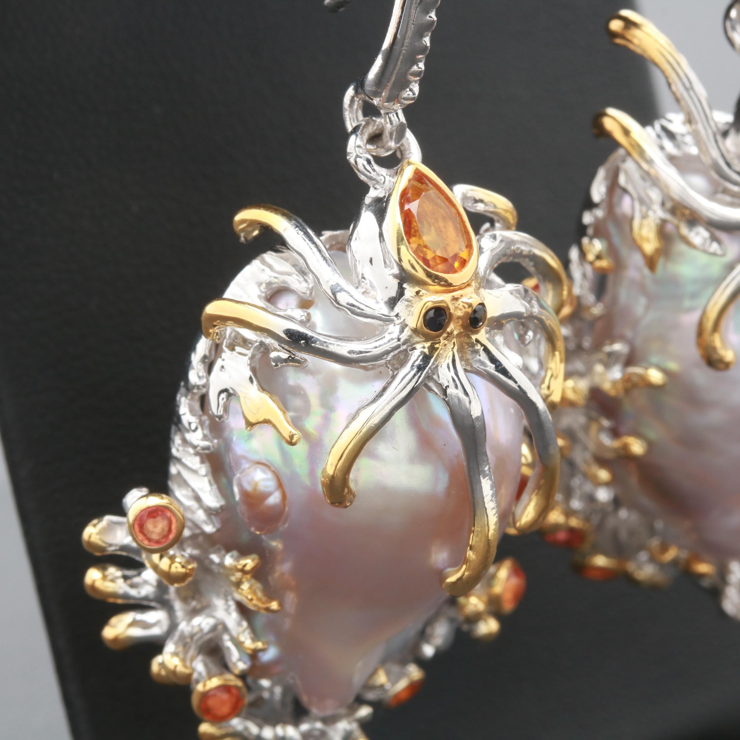 Sterling Silver Multi-Gemstone Earrings With Citrine and Cultured Baroque Pearls