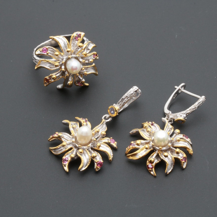 Sterling Silver Cultured Pearl, Garnet and Tanzanite Floral Ring and Earrings