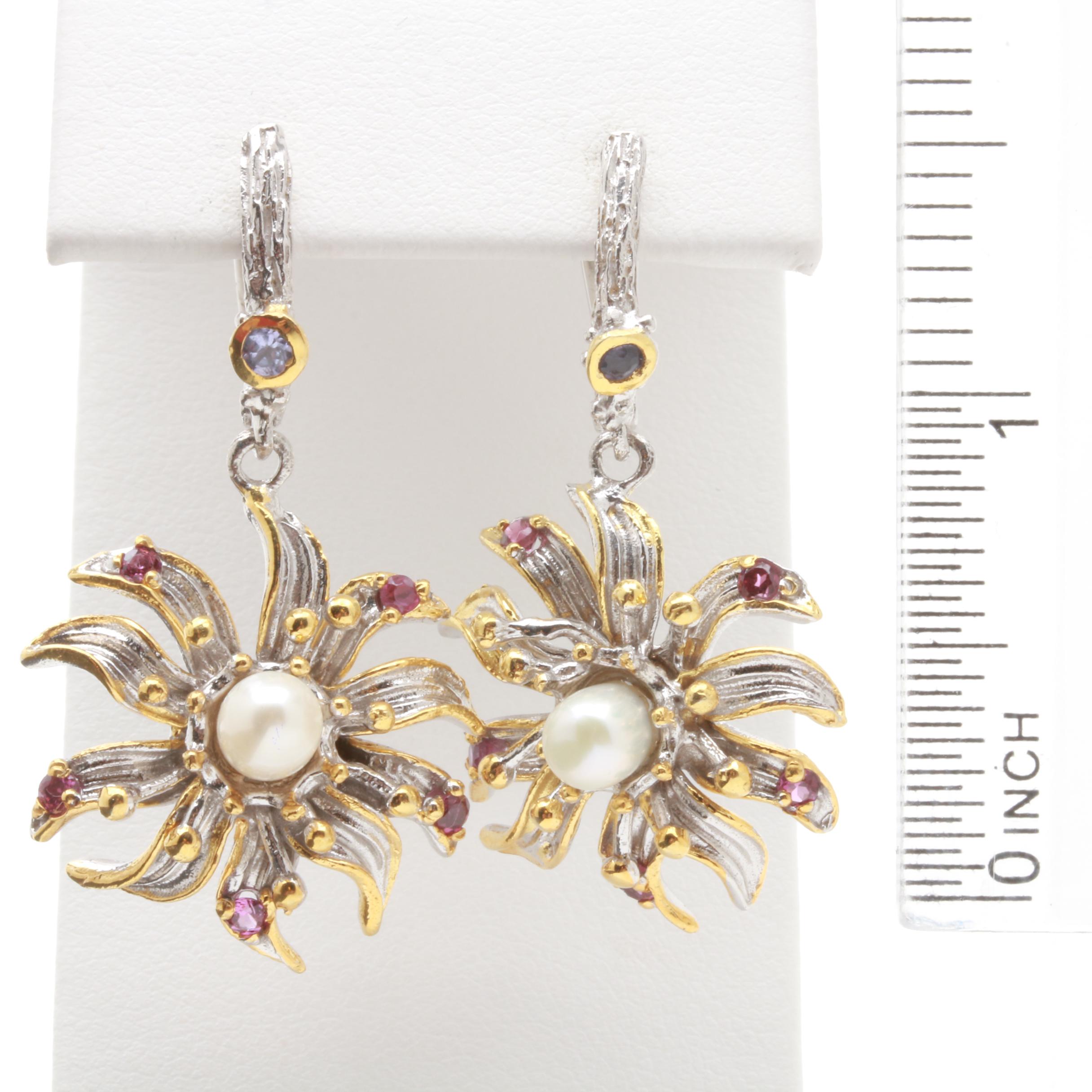 Sterling Silver Cultured Pearl, Garnet and Tanzanite Floral Ring and Earrings