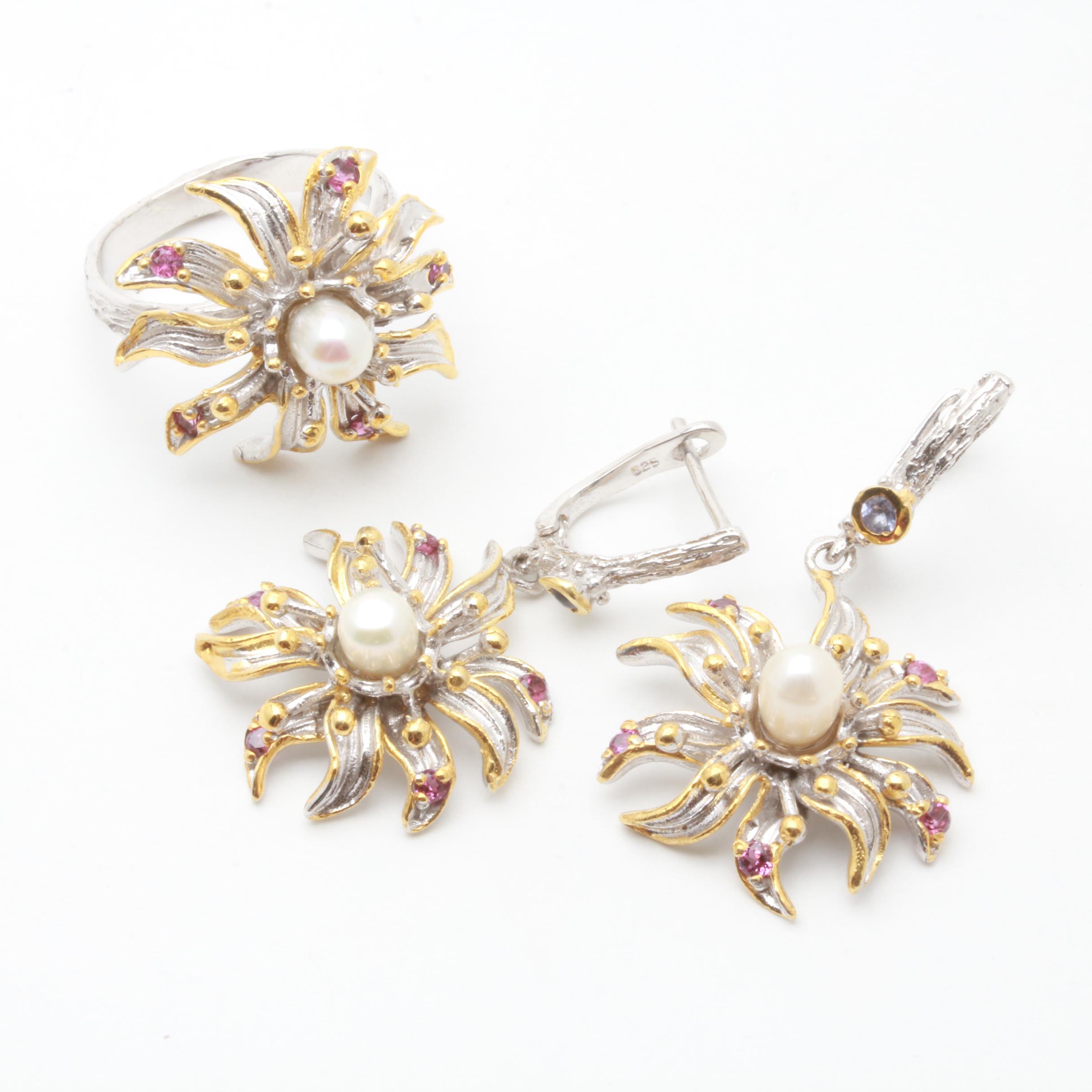 Sterling Silver Cultured Pearl, Garnet and Tanzanite Floral Ring and Earrings