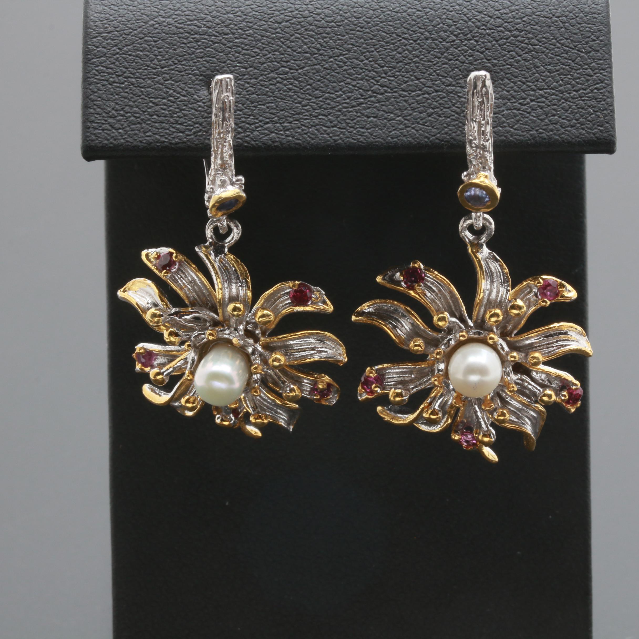 Sterling Silver Cultured Pearl, Garnet and Tanzanite Floral Ring and Earrings