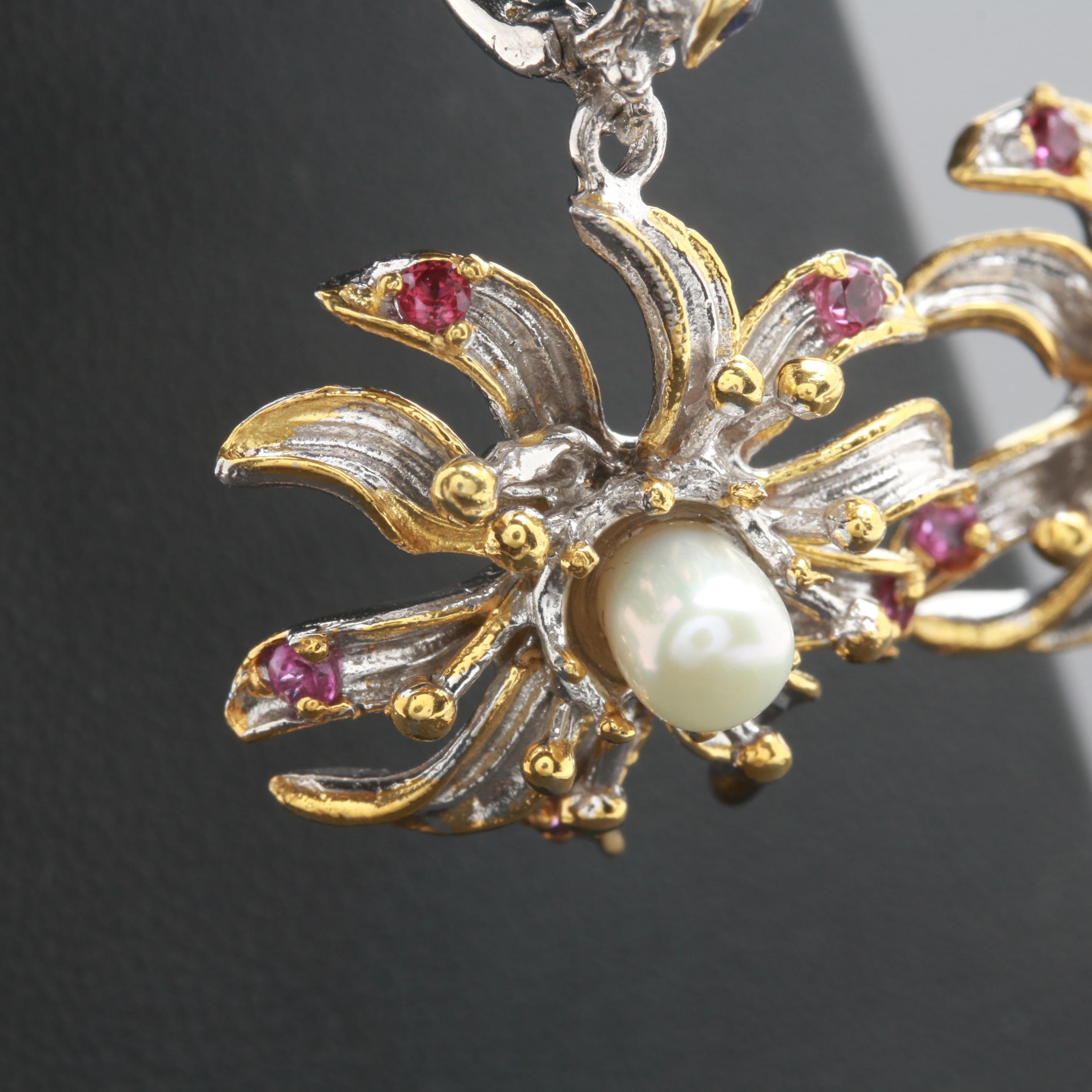 Sterling Silver Cultured Pearl, Garnet and Tanzanite Floral Ring and Earrings