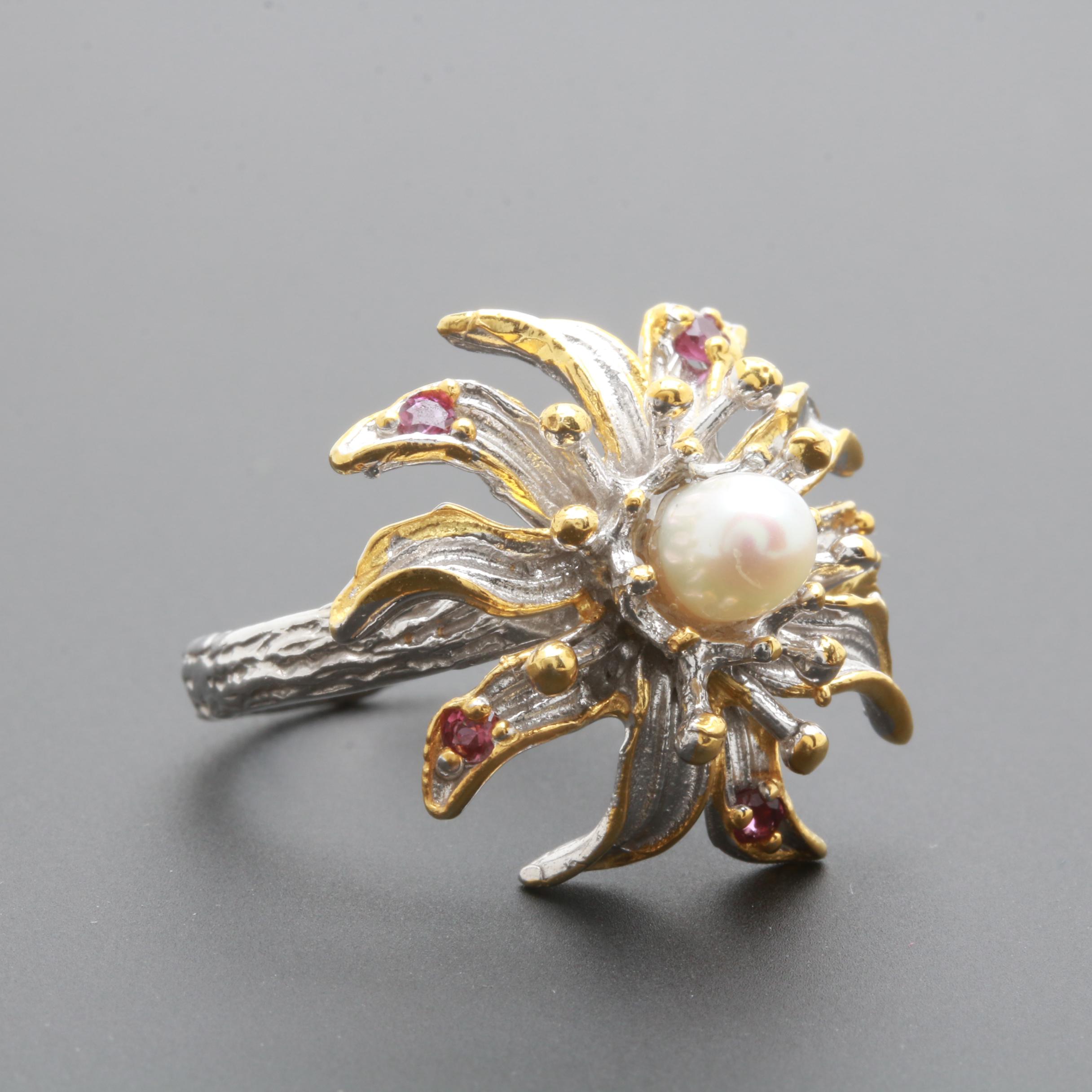 Sterling Silver Cultured Pearl, Garnet and Tanzanite Floral Ring and Earrings