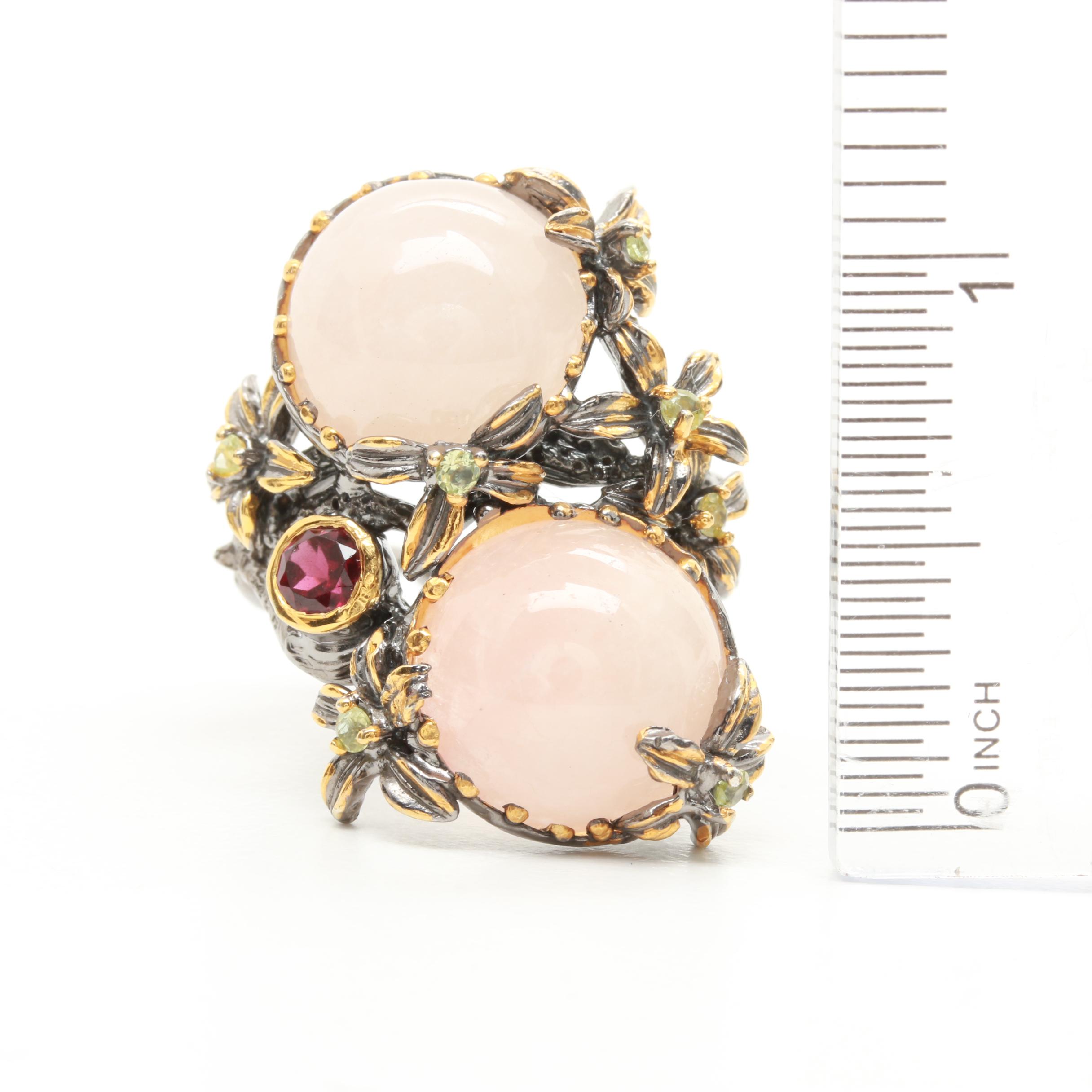 Sterling Silver Multi-Gemstone Floral Ring and Earrings Including Rose Quartz