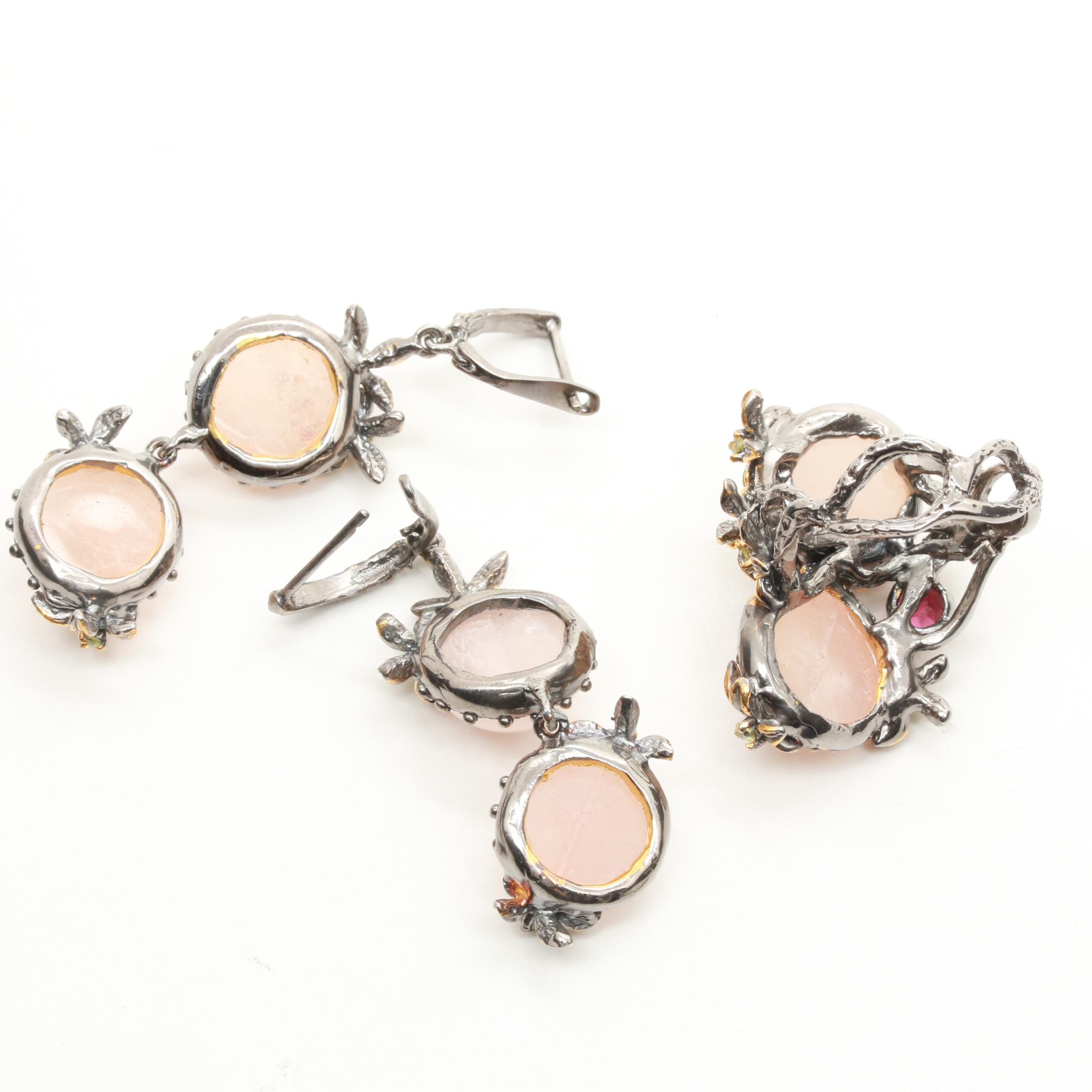 Sterling Silver Multi-Gemstone Floral Ring and Earrings Including Rose Quartz