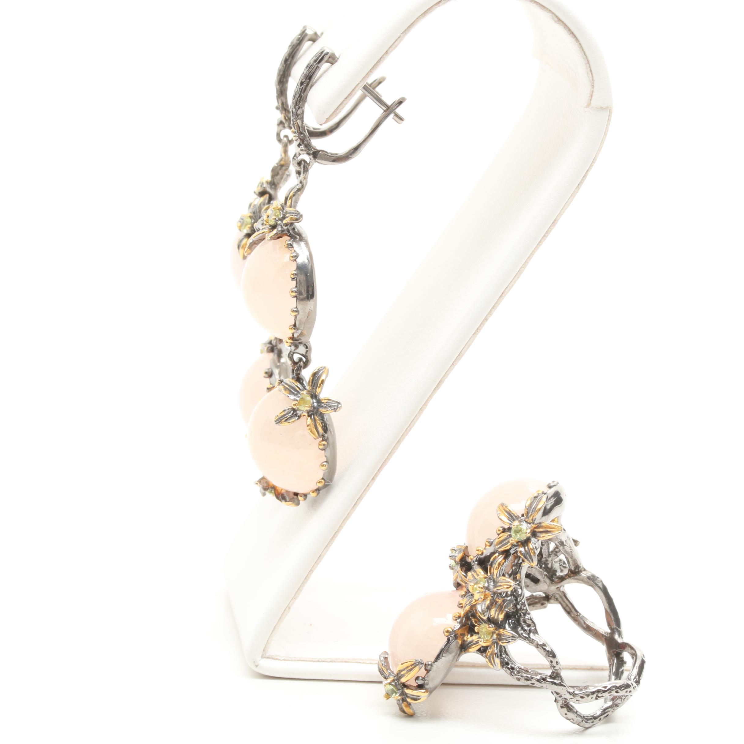 Sterling Silver Multi-Gemstone Floral Ring and Earrings Including Rose Quartz