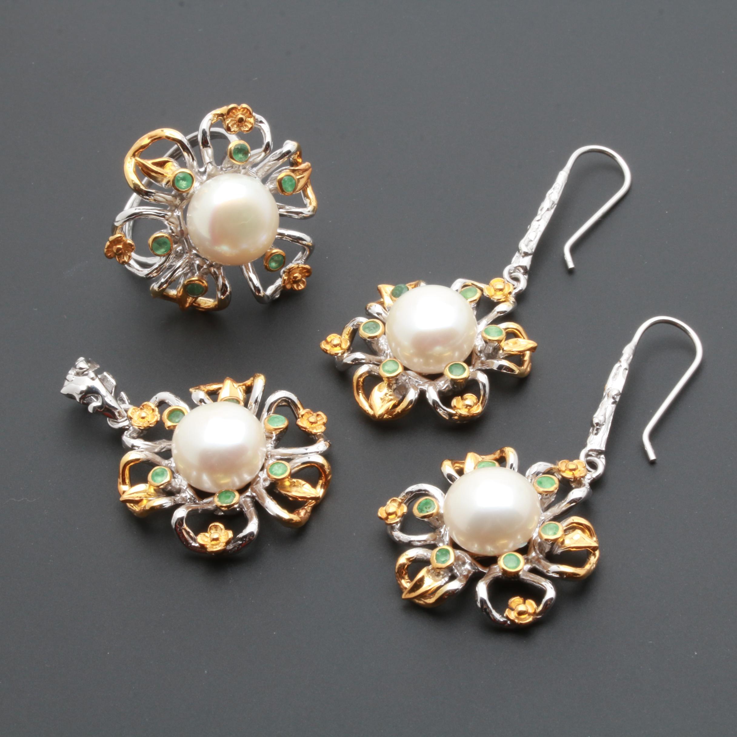 Sterling Silver Cultured Pearl and Green Beryl Jewelry